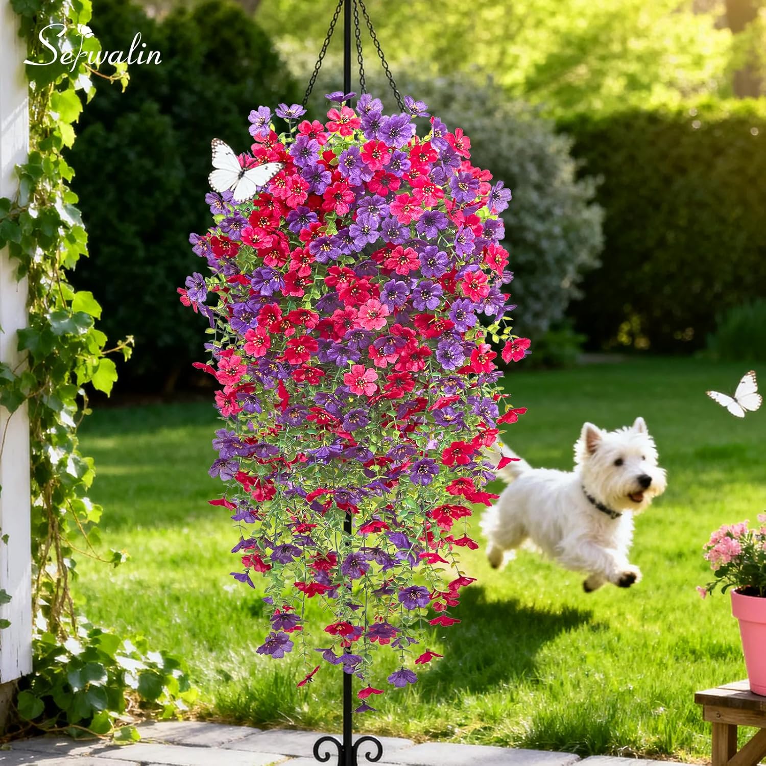 Serwalin 6PCS Artificial Hanging Flowers for Outdoors, UV Resistant Fake Hanging Plants, Realistic Weatherproof Outdoor Decor for Patio, Porch, Garden & Window (Purple& Hot Pink,6PCS)