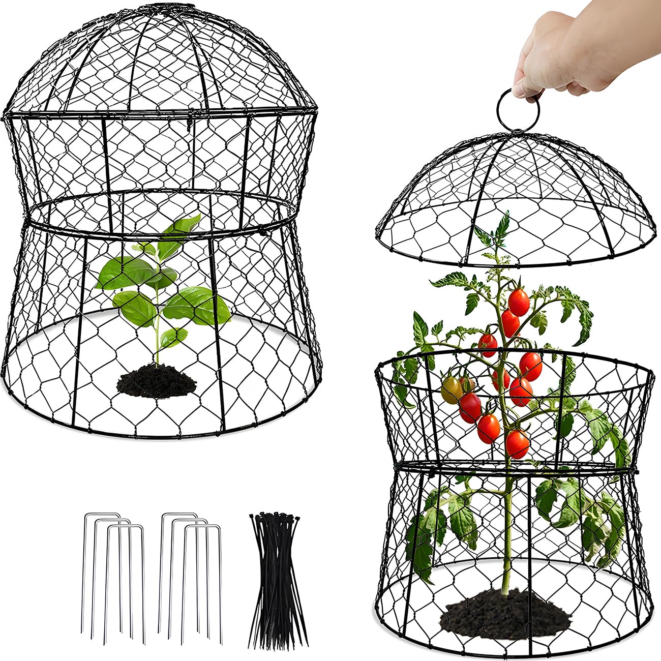 Lot de 2 cloches de jardin en métal pour plantes contre les animaux, cloches en fil de poulet, cages à plantes mises à jour pour plantes d'extérieur, légumes, semis, 33 x 35,6 cm