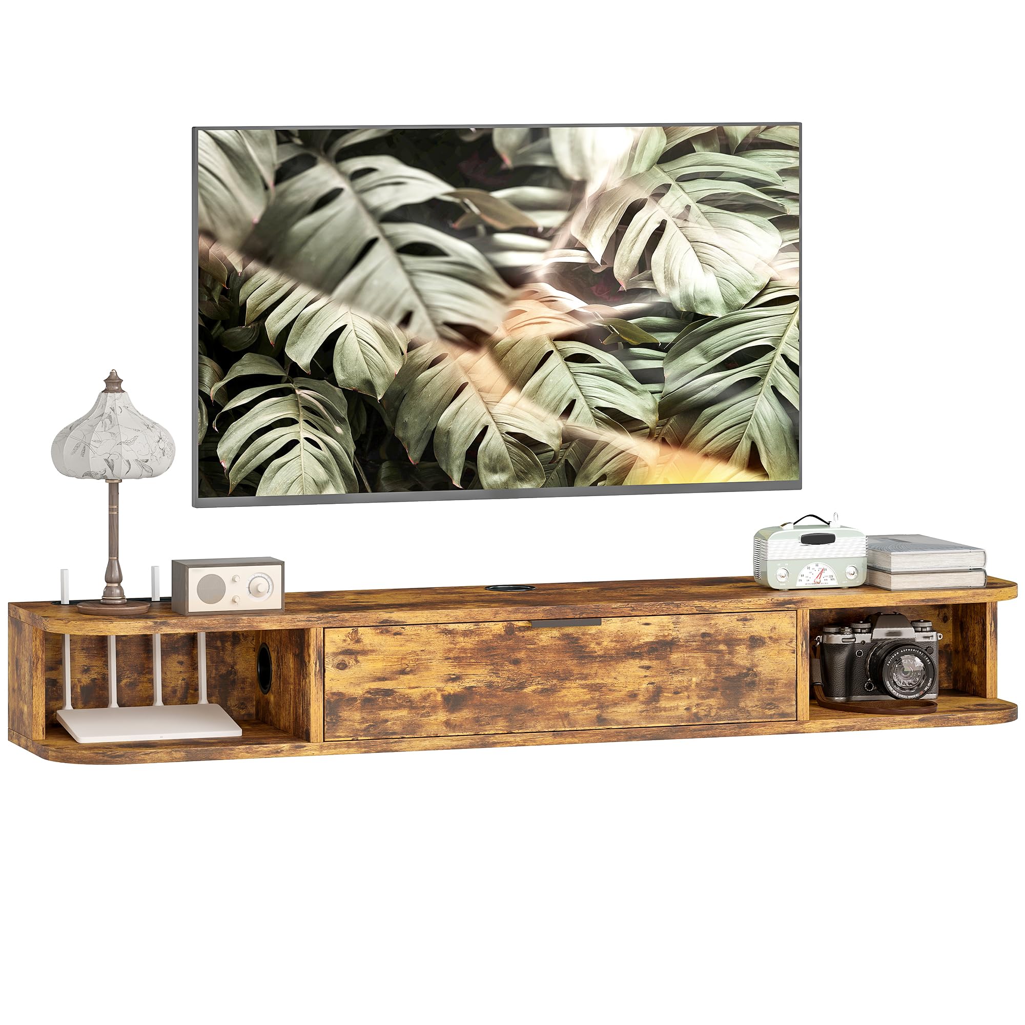 Rackhams Brown 120 Cm Floating Tv Unit With Flip Drawer And Shelves - Floating Tv Unit - Rustic - 120W X 24D X 16H Cm