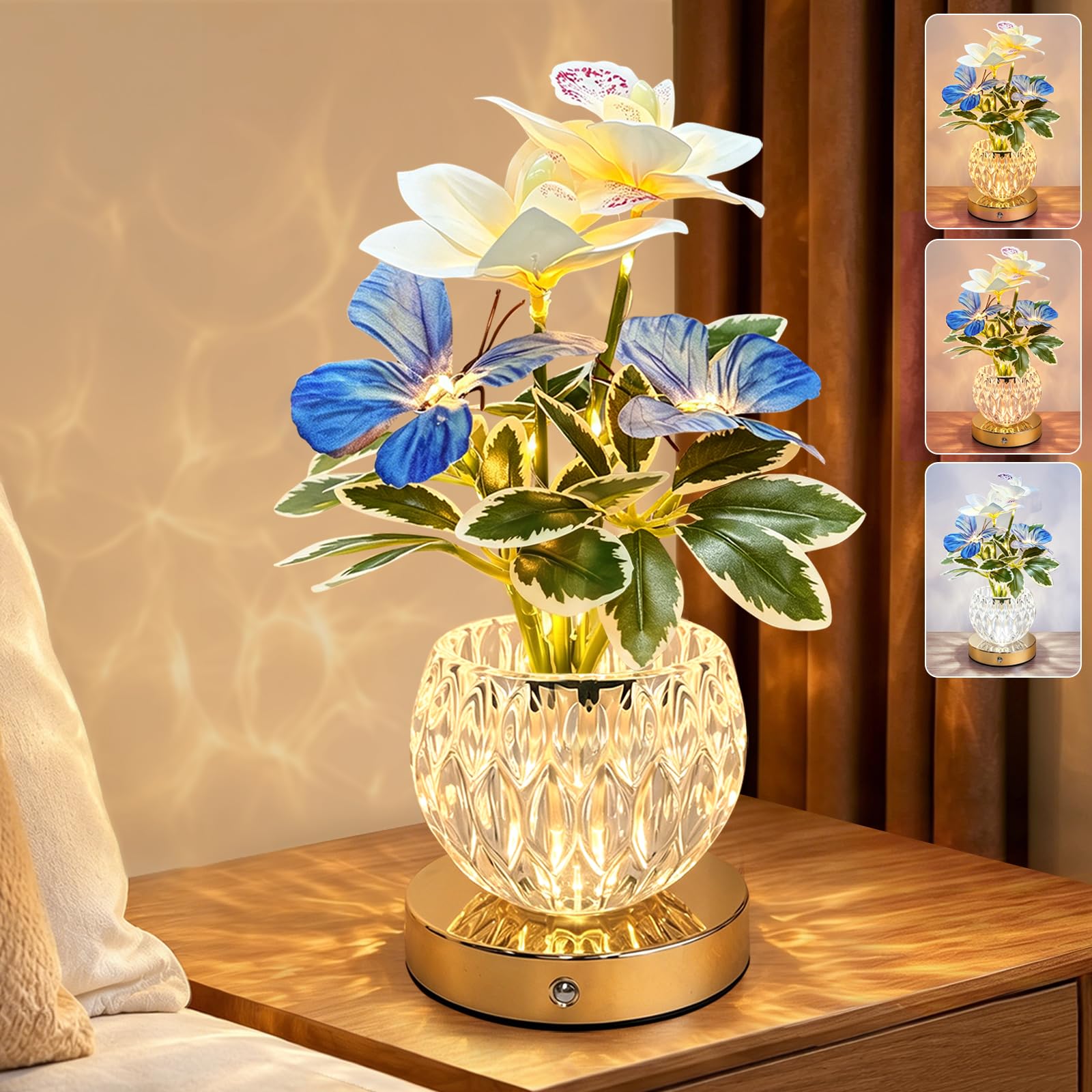 Flower Table Lamp, 3 Colors Touch Stepless Dimming Orchid Night Light, Rechargeable Artificial Flower Light, LED Flower with Vase Lamp Romantic Decor for Date Party Home (White - Cymbidium)