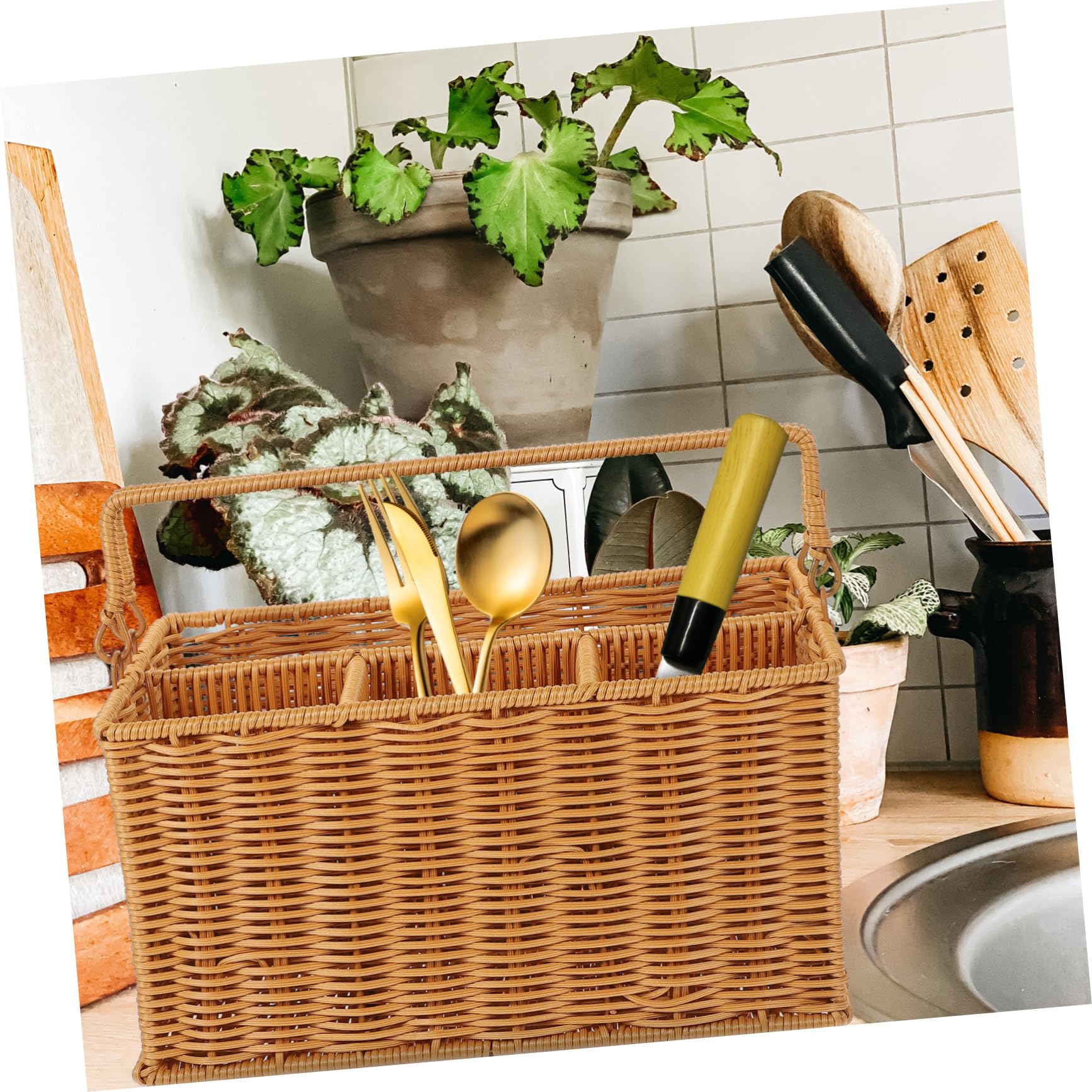 BEBEMOKO Panier Rangement Tressé Imitation Rotin - Organisateur Cuisine Pour Couverts Et Ustensiles