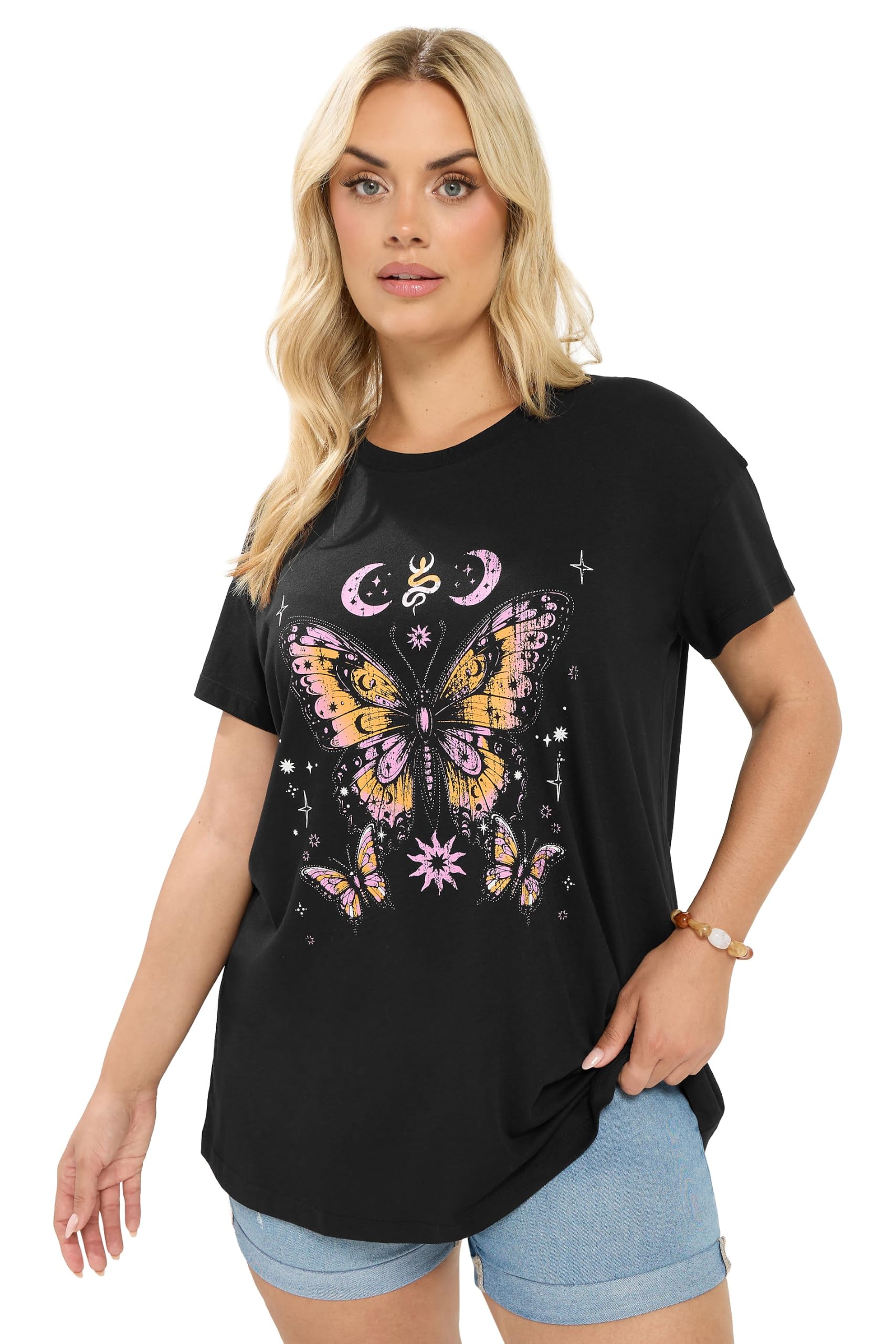 Yours Curve Butterfly Print T-Shirt - Women's - Plus Size Curve Black