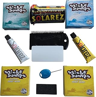 Sticky Bumps Wax plus Solarez UV Cure Resin Ding Repair Kit plus 2 Bars of Tropical, 1 Base Coat, 1 Cool and a Flexcomb to Clean your Board