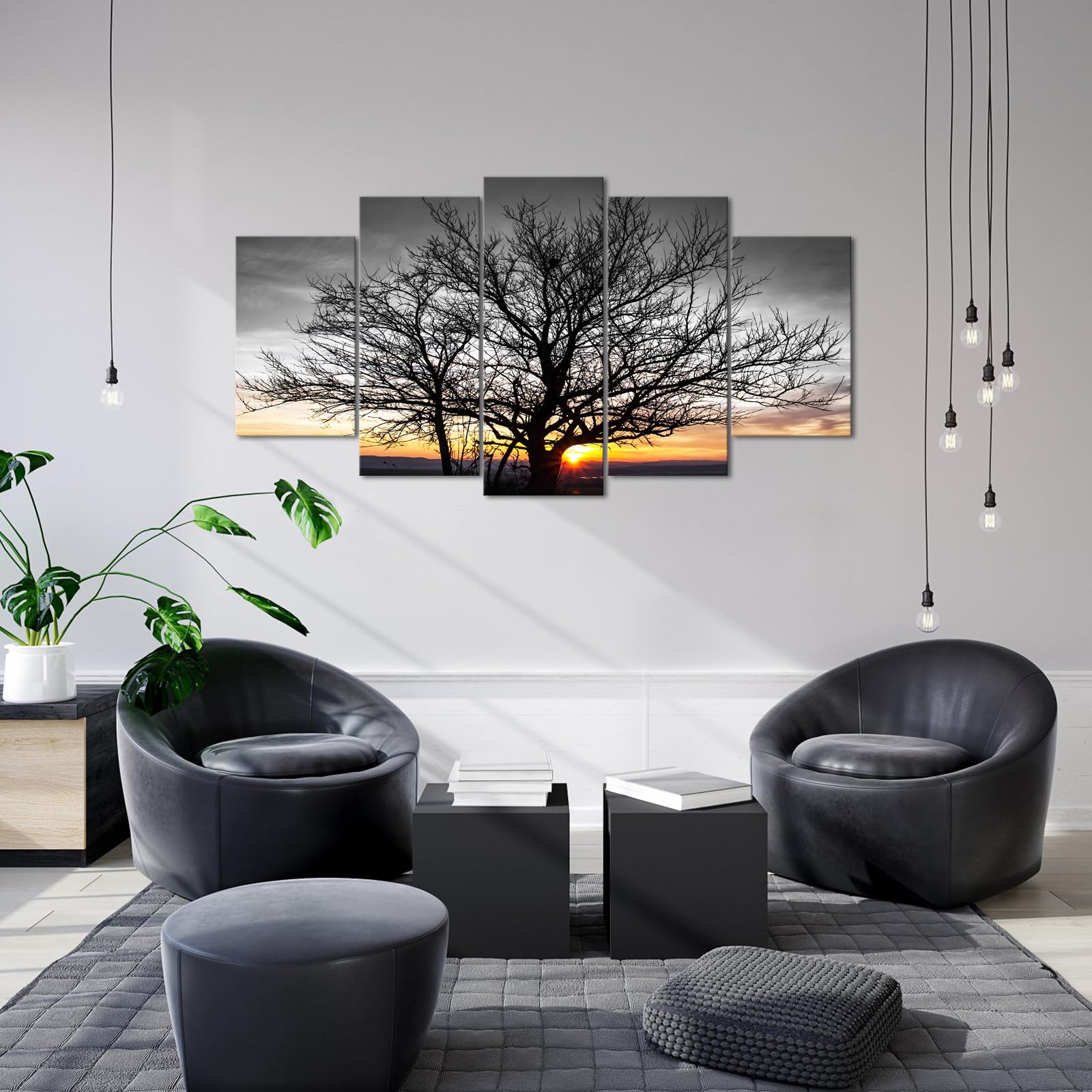 Artmyharbor Großer 5-teiliger schwarz-weißer Leinwanddruck Baum Wandkunst Gold Sonnenaufgang Bilder Gemälde Natur Landschaft Kunstwerk Zuhause Bauernhaus Wohnzimmer Schlafzimmer Büro Wanddekoration