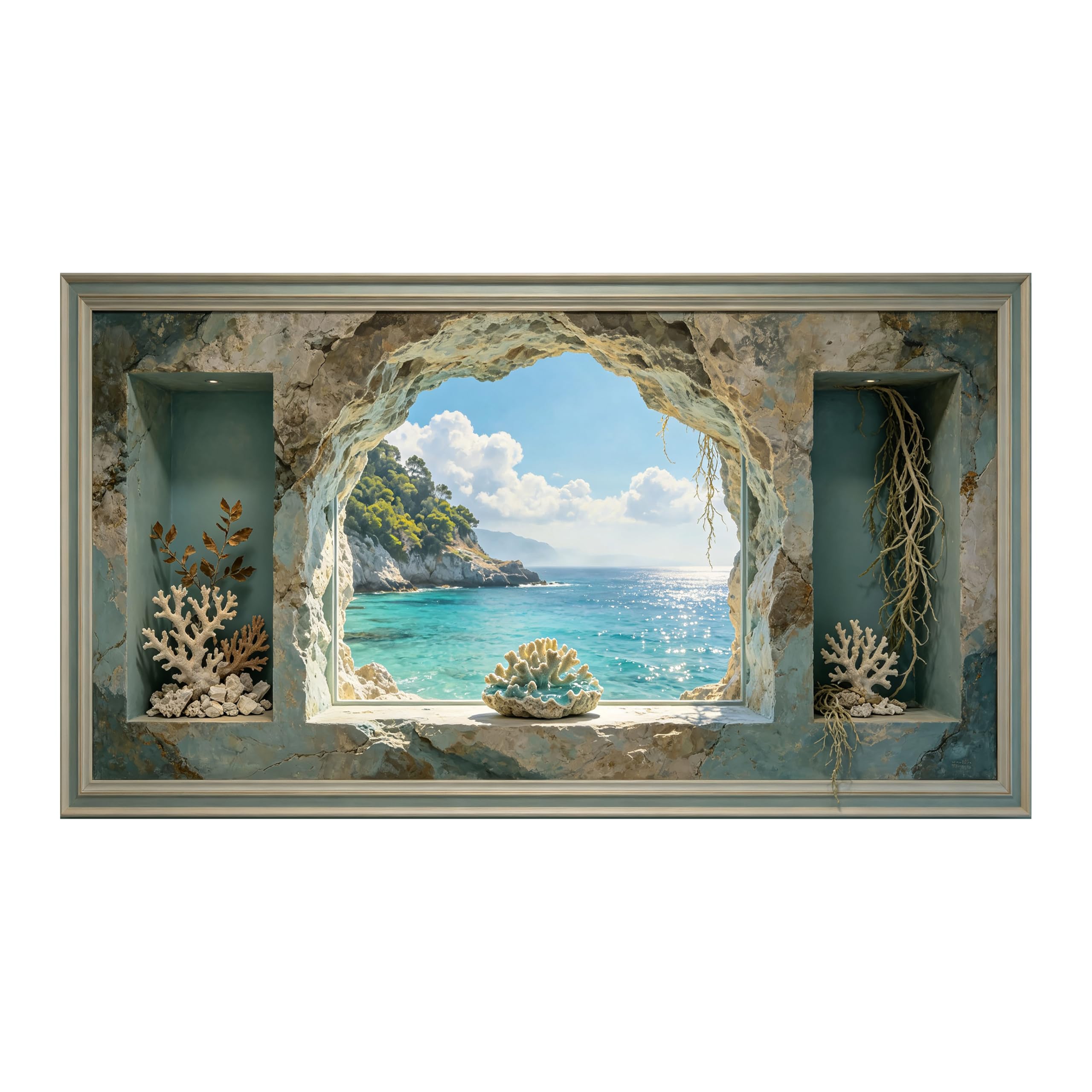 Yzpallescene 3D Framed Wall Art Coastal Ocean Cave Window View Seascape Relief Effect Large Size SelfAdhesive Removable Wall Decor Prints Artwork for Living Room Bedroom Office