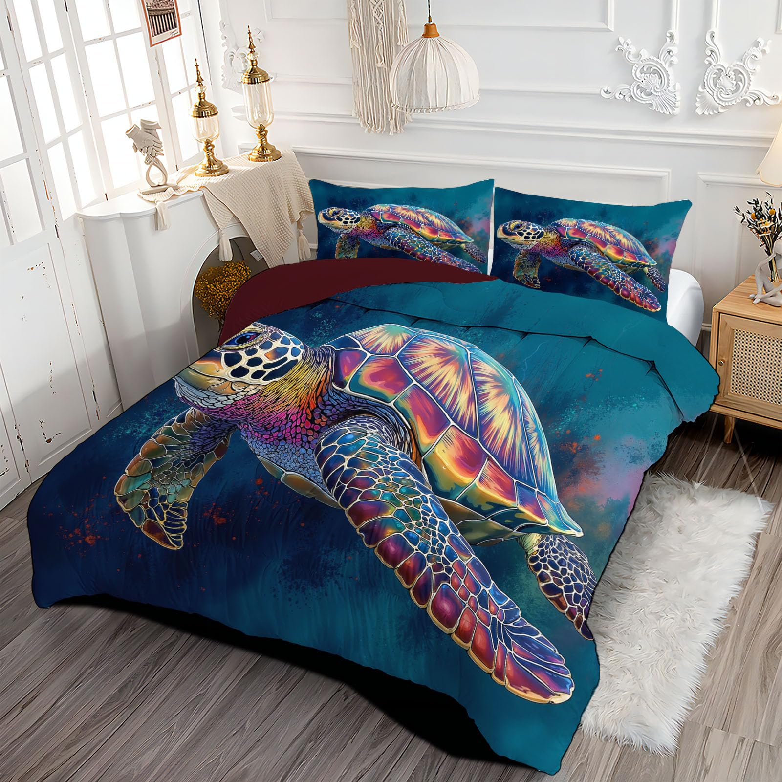 Trapunta Letto Singolo 4 Stagioni Piumone per Bambini, Tartaruga Marina Astratta Leggero Acquerello Vita Marina Set di Biancheria da Letto 140x200cm con 1 Federe,Piumino Lavabile In Lavatrice