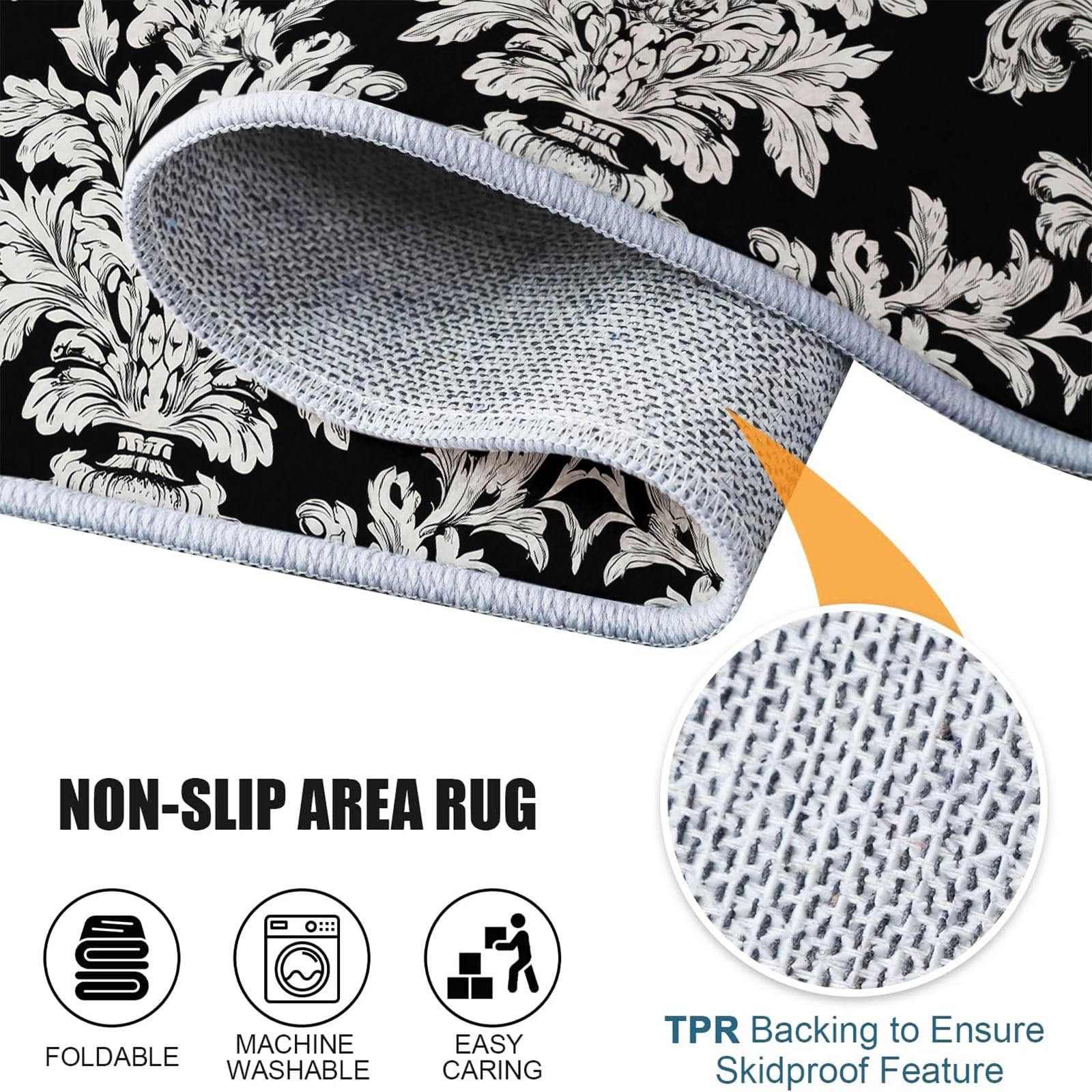 Générique 160 cm Rond Tapis Rond pour Salon, Chambre à Coucher et Cheminée Motif Motif Baroque Jacquard Damassé Vintage Lavable en Machine et Antidérapant Noir