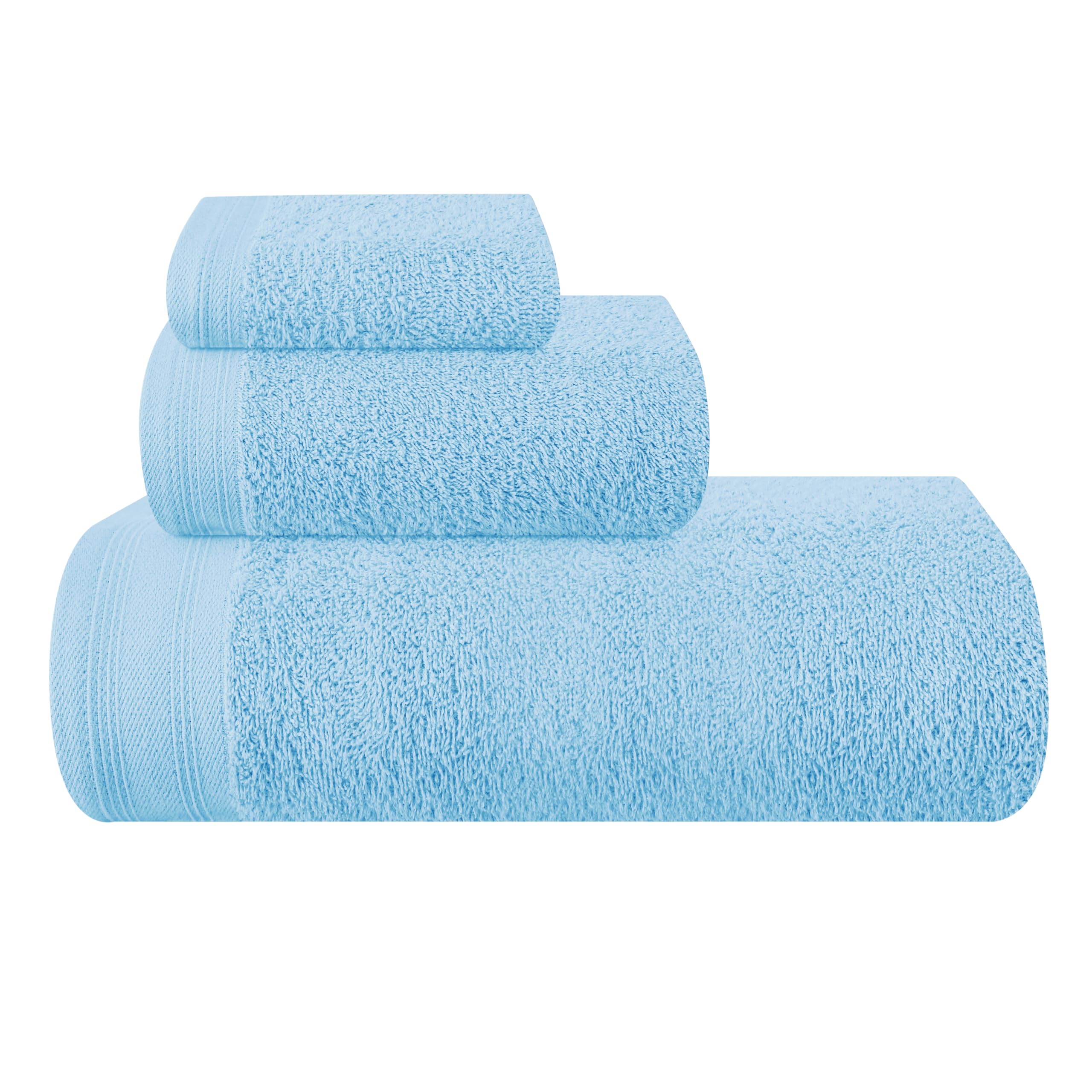 Ultra Soft 3 Pack Cotton Towel Set, Contains a Bath Towels 28x55 inch, a Hand Towels 16x24 inch & a Wash Coths 12x12 inch, Ideal Everyday use, Compact & Lightweight - Sky Blue, Medium