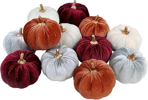 Miniatura 2 de Winlyn 12 calabazas decorativas de terciopelo rústico de imitación en color burdeos, bronce, gris y blanco, 3 pulgadas para otoño, boda, Halloween,