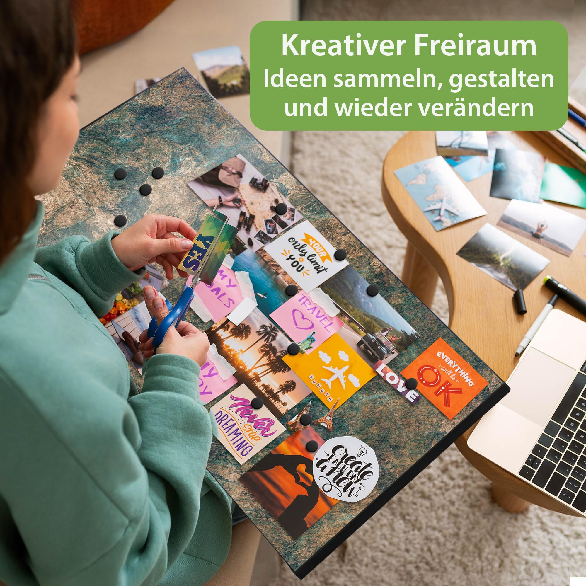 banjado Magnettafel Metall 78 x 37cm - beschreibbare Magnettafel - Metall Pinnwand als Memoboard - Magnetwand Küche, Büro, Kinderzimmer Schwarz inkl. 4 Magnete & Montageset - Motiv Kupfer Patina