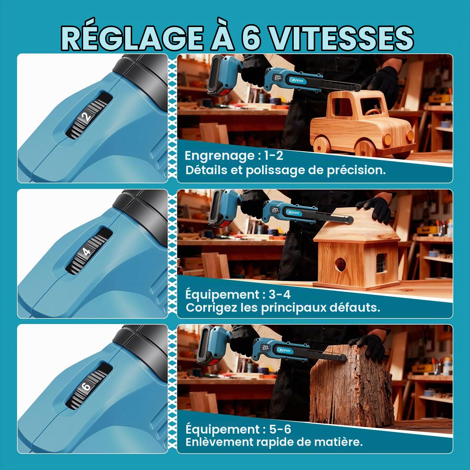 Ponceuse à bande sans fil pour batterie Makita 18 V (non incluse), 1,27 cm x 45,7 cm, 6 vitesses, mini ponceuse à bande sans balais, avec 10 bandes abrasives pour bois, métal, plastique