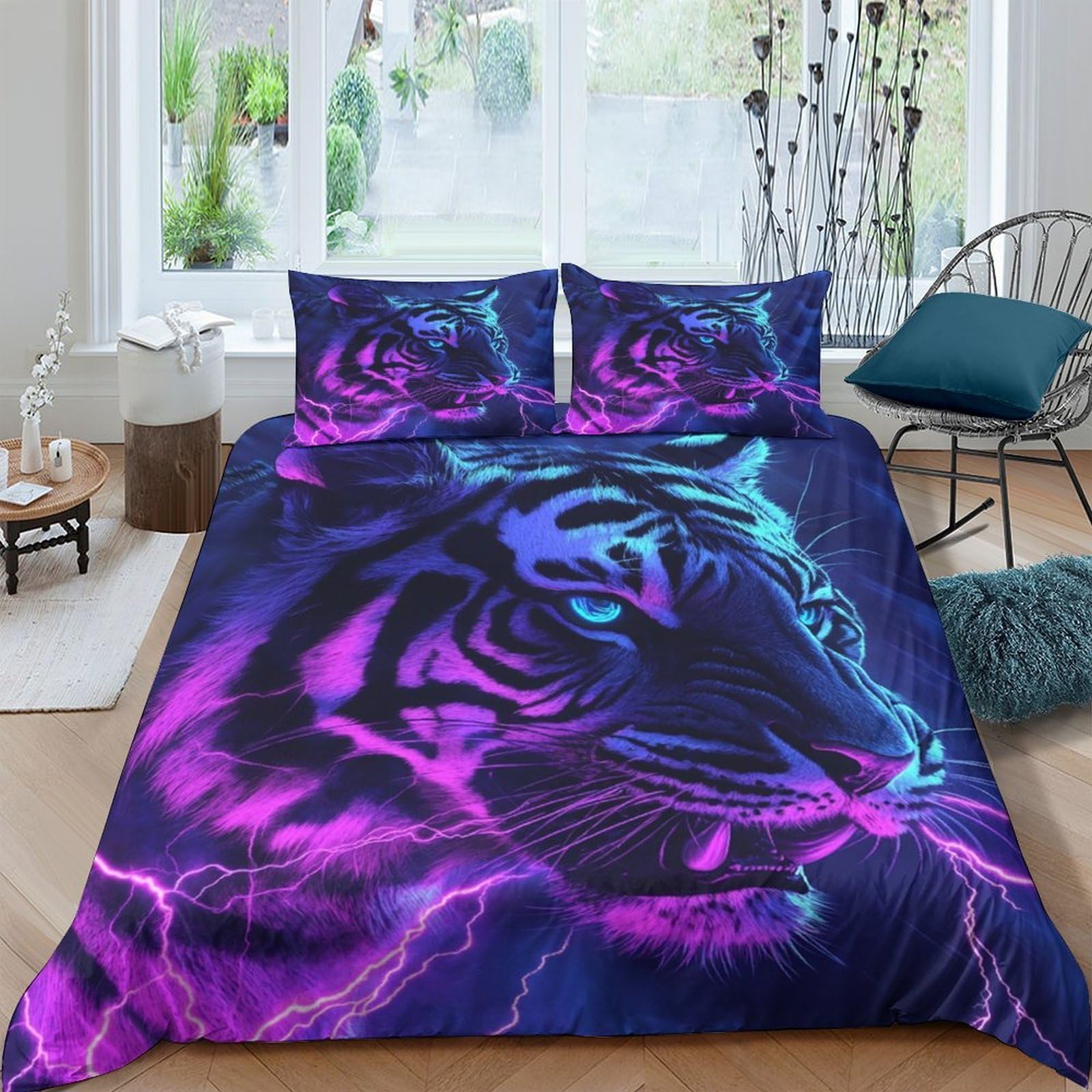 Ctjqhvkz Style-1 3D Printed Neon Tiger Fitted Sheet Microfiber Soft Breathable Purple Lightning Bed Cover For Bedroom Guestroom Decor Single（135X200cm）