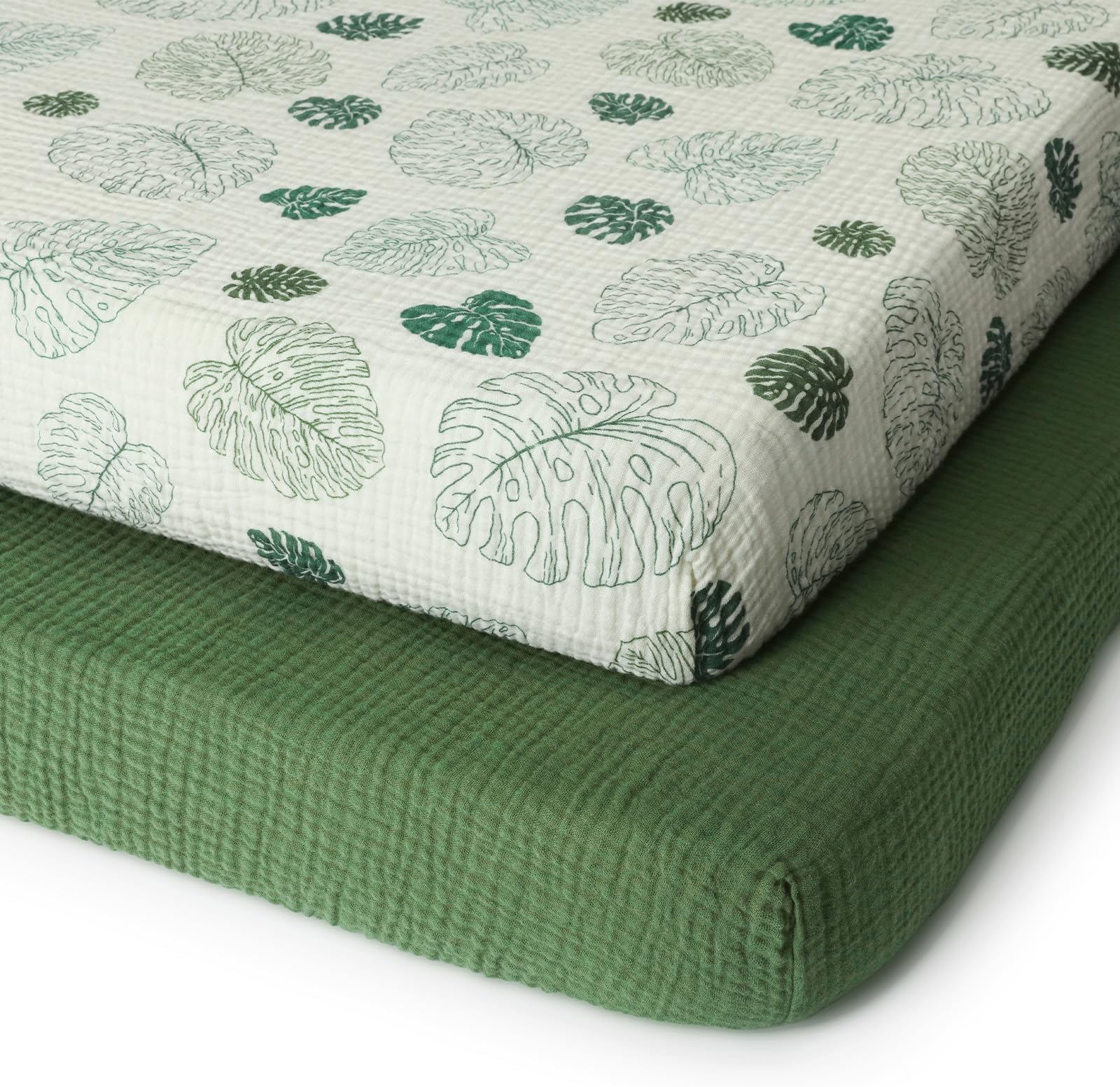 Muslin Mini Crib Sheets, Pack and Play Sheets Fitted, Pack N Play Mattress Sheets for Baby Girls and Boys, Soft and Breathable, Boho Baby Girl Nursery Decor, 2 Pack (Monstera Leaves&Dark Green)