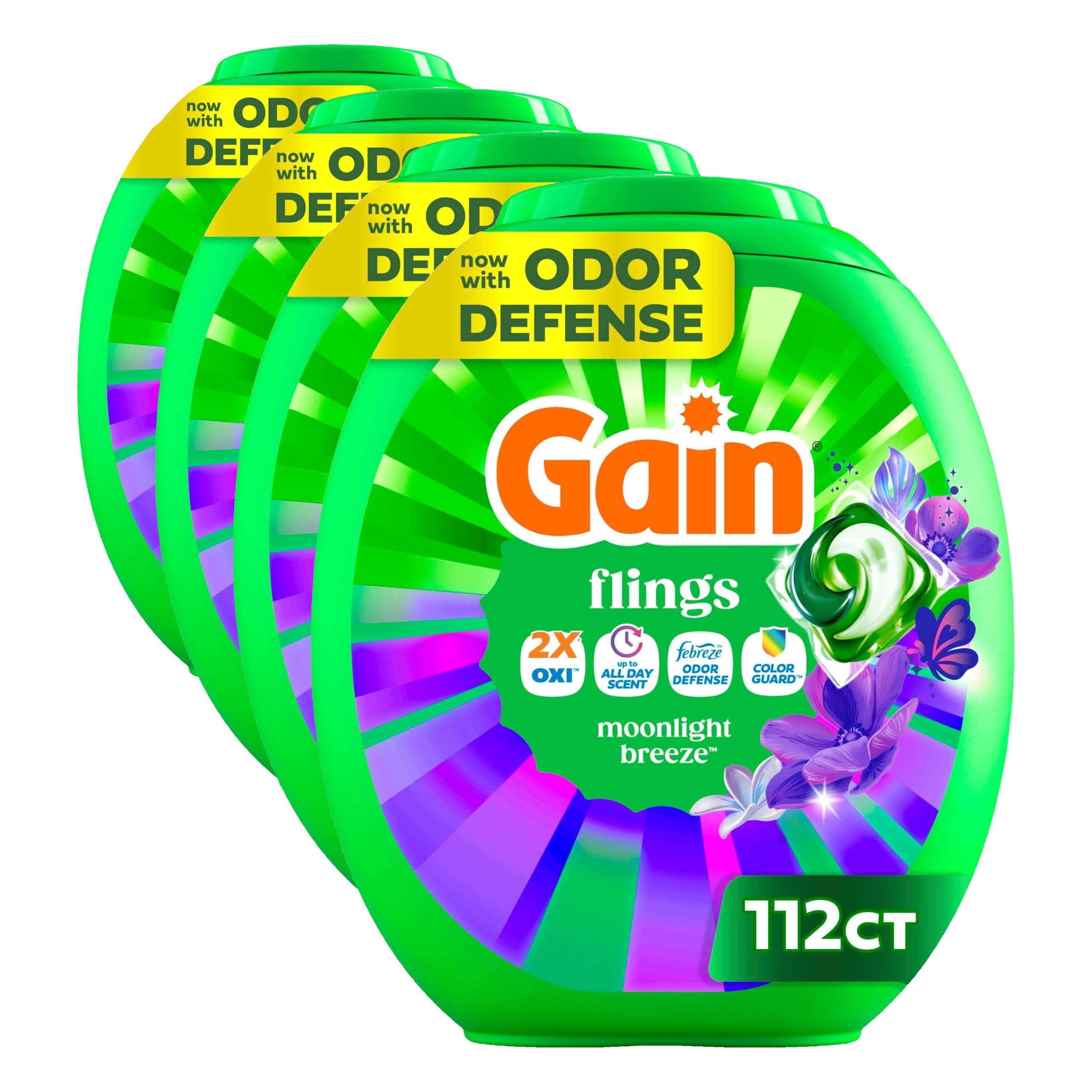 Gain Flings Laundry Detergent Pods Odor Defense + Color Guard, Moonlight Breeze Scent, 4-in-1 Liquid Laundry Detergent Pacs with Oxi Boost and Febreze, (Packaging May Vary), 112 Count (Pack of 4)