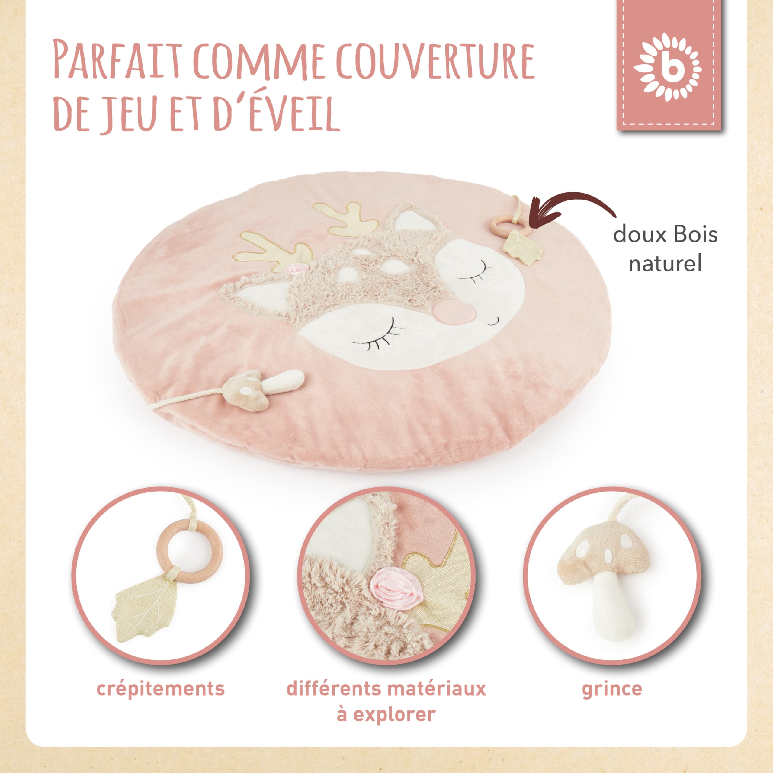 BIECO Tapis d'éveil biche Ella - Tapis d'eveil Rose - Faon Bebe - Matelas deveil Arche eveil Bois Fille