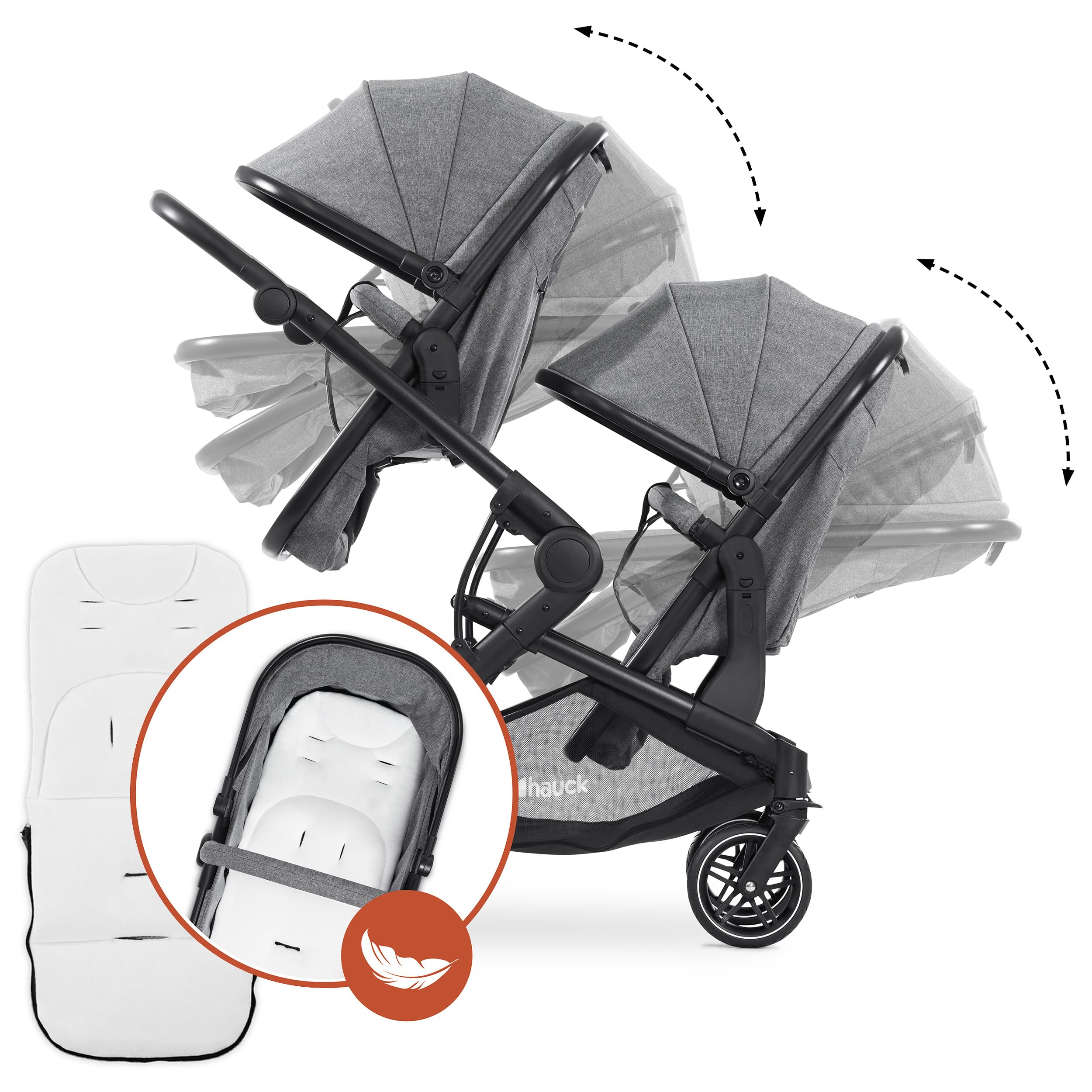hauck Zwillingskinderwagen Atlantic Twin ab Geburt | 2 Babywannen zu drehbaren Sportsitzen mit Liegeposition | Geschwisterwagen mit Insektennetz & Sonnensegel UV50+ – Melange Grey