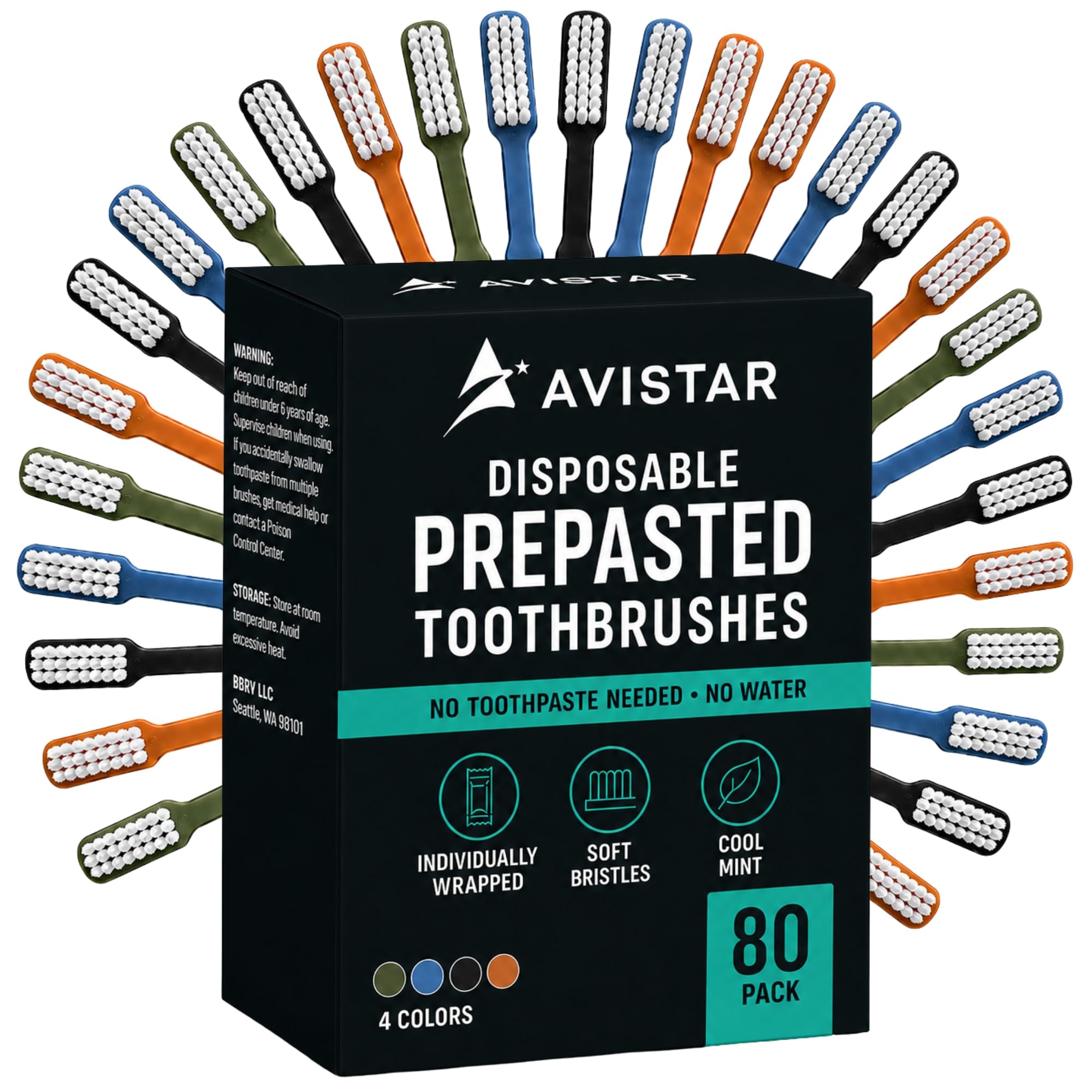 Avistar 80 Prepasted Disposable Toothbrushes Individually Wrapped - Single Use Pre Pasted Disposable Toothbrushes with Toothpaste Built in - Waterless Toothbrush for Travel, Guests, Hotel, &amp; Camping