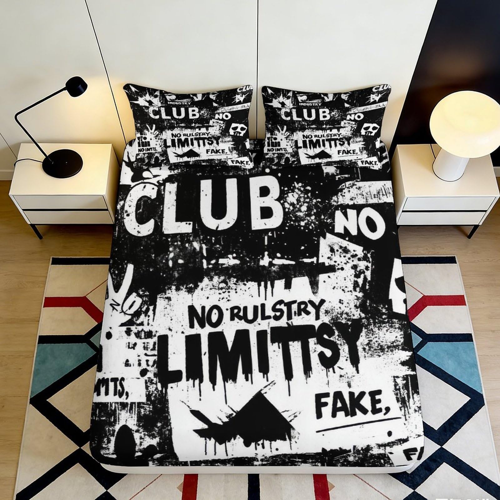 3D Printed Black White Graffiti Fitted Sheet Microfiber Durable Soft Bed Cover with No Rules Pattern Mattress Cover for Dormitory Guest Room Bedroom 140x200x25cm