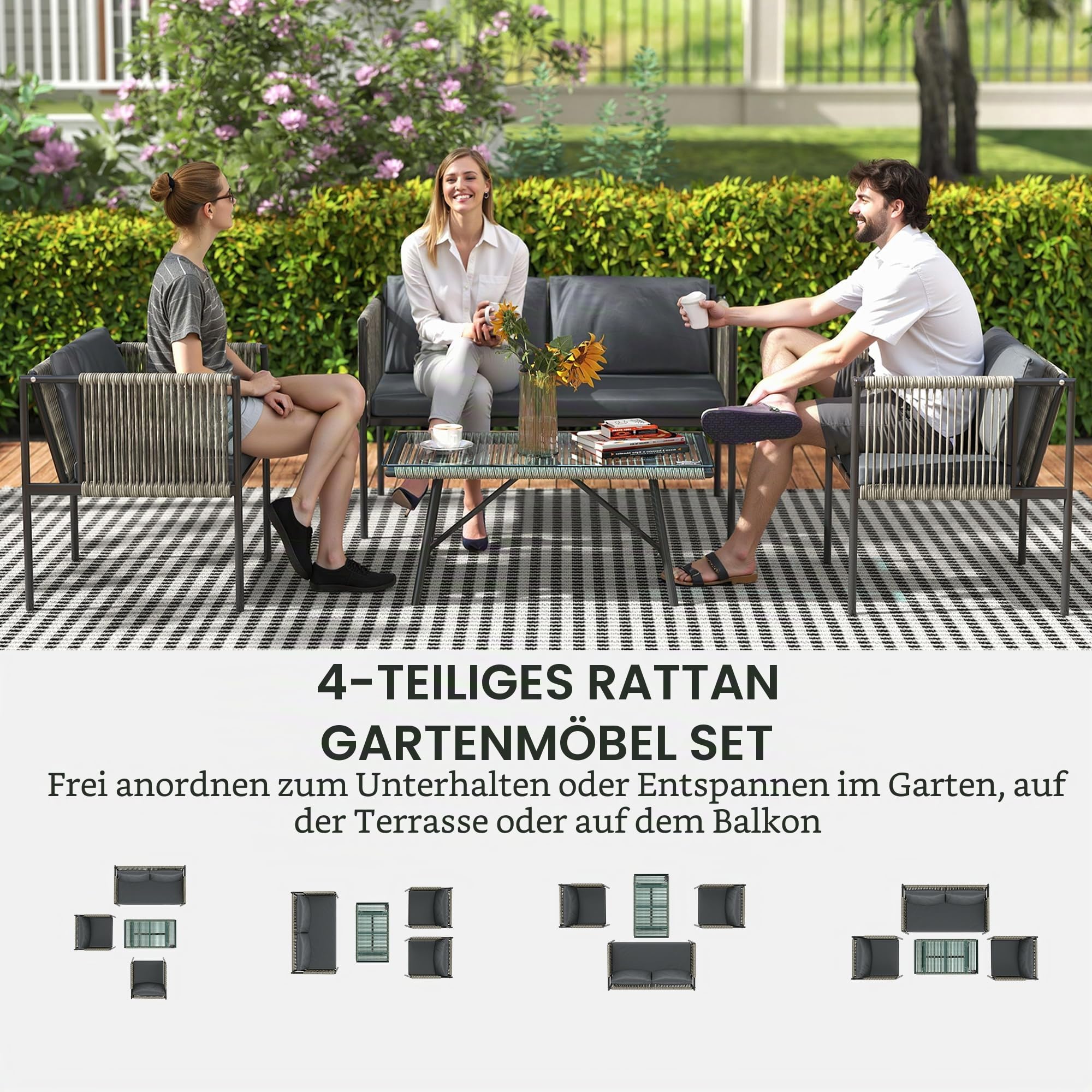 Outsunny Gartenmöbel Set aus Polyrattan mit 2er Sofa für 4 Personen Grau | Lounge-Set, Sessel, Glastisch, Kissen, Wetterfest, Balkonmöbel, Outdoor Sitzgruppe, Terrassenmöbel, für Garten Balkon