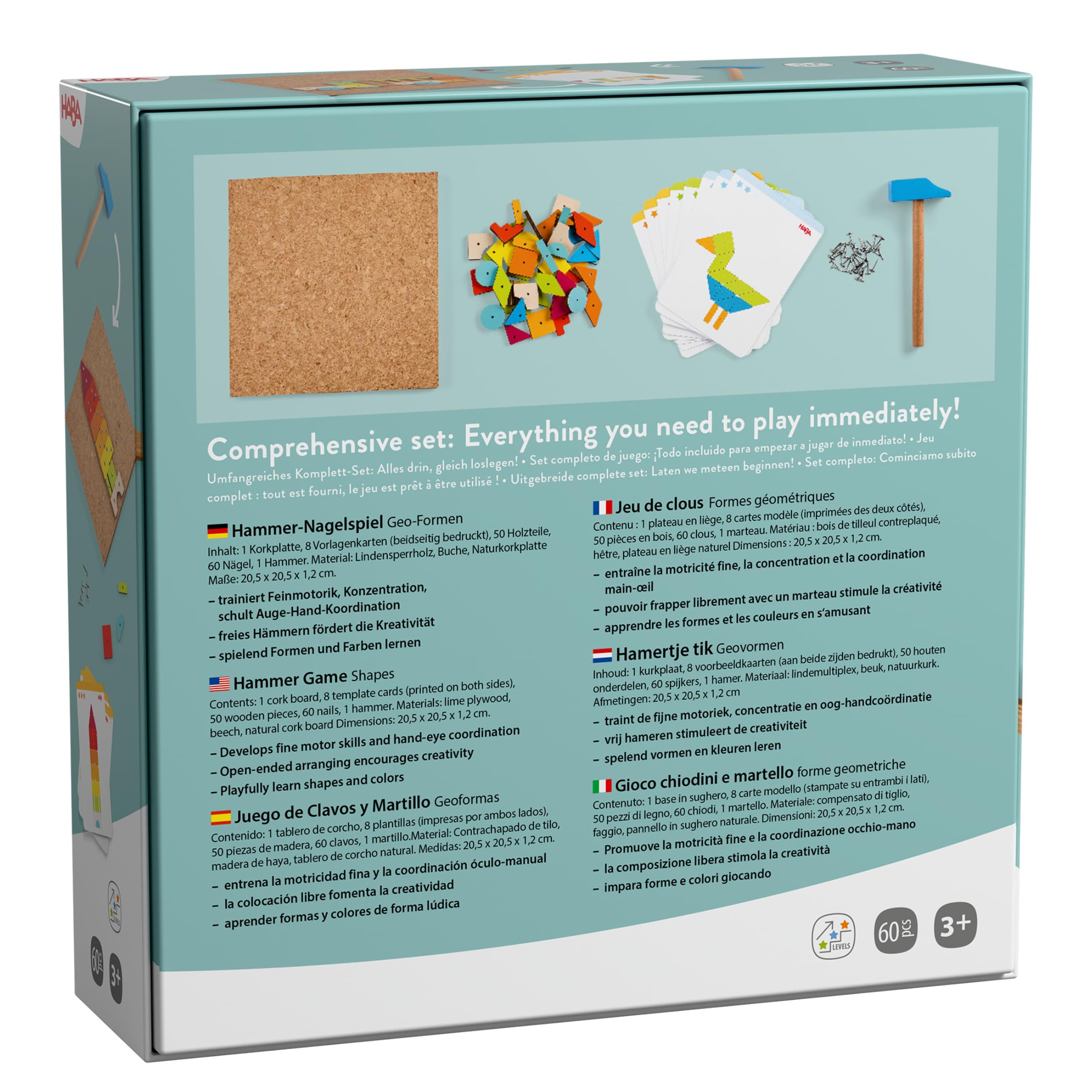 HABA Jeu du Marteau Formes géométriques : Jouet en Bois avec Marteau et Clous pour Enfants dès 3 Ans – Jouet créatif avec Plaque en liège et modèles – 2013791001
