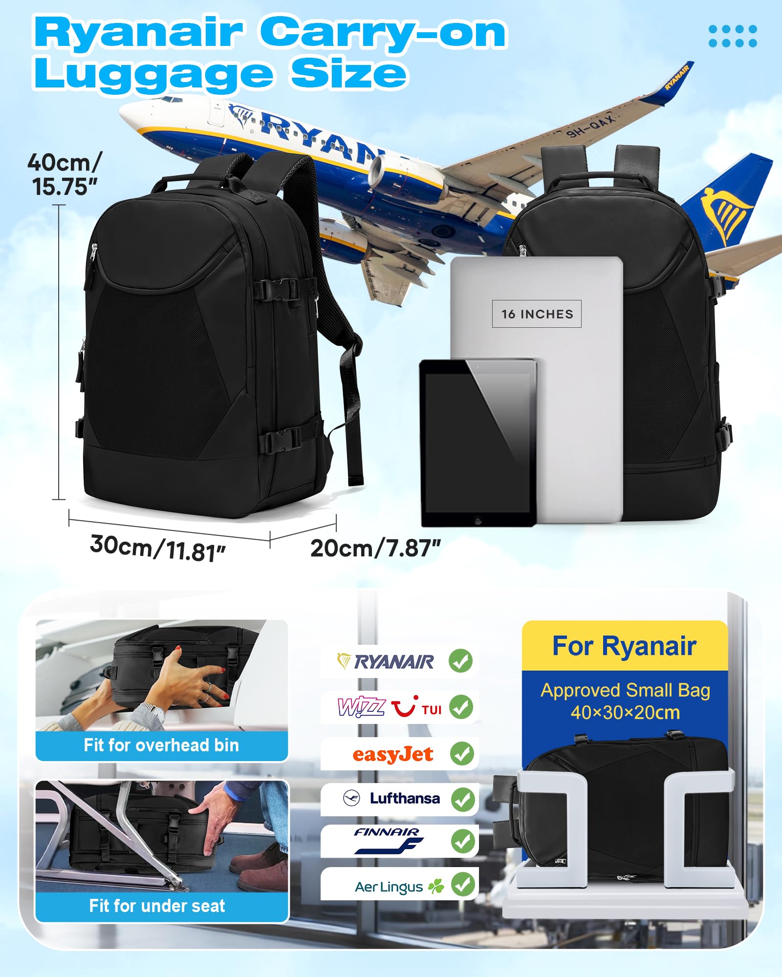 BJLFS Borse da Cabina per Ryanair 40x30x20 Bagaglio a mano Sottovuoto 40x20x25 Zaino da Viaggio con Sottovuoto impermeabile Donna Zaino Easyjet 45x36x20 Zaini Wizzair con porta scarpe