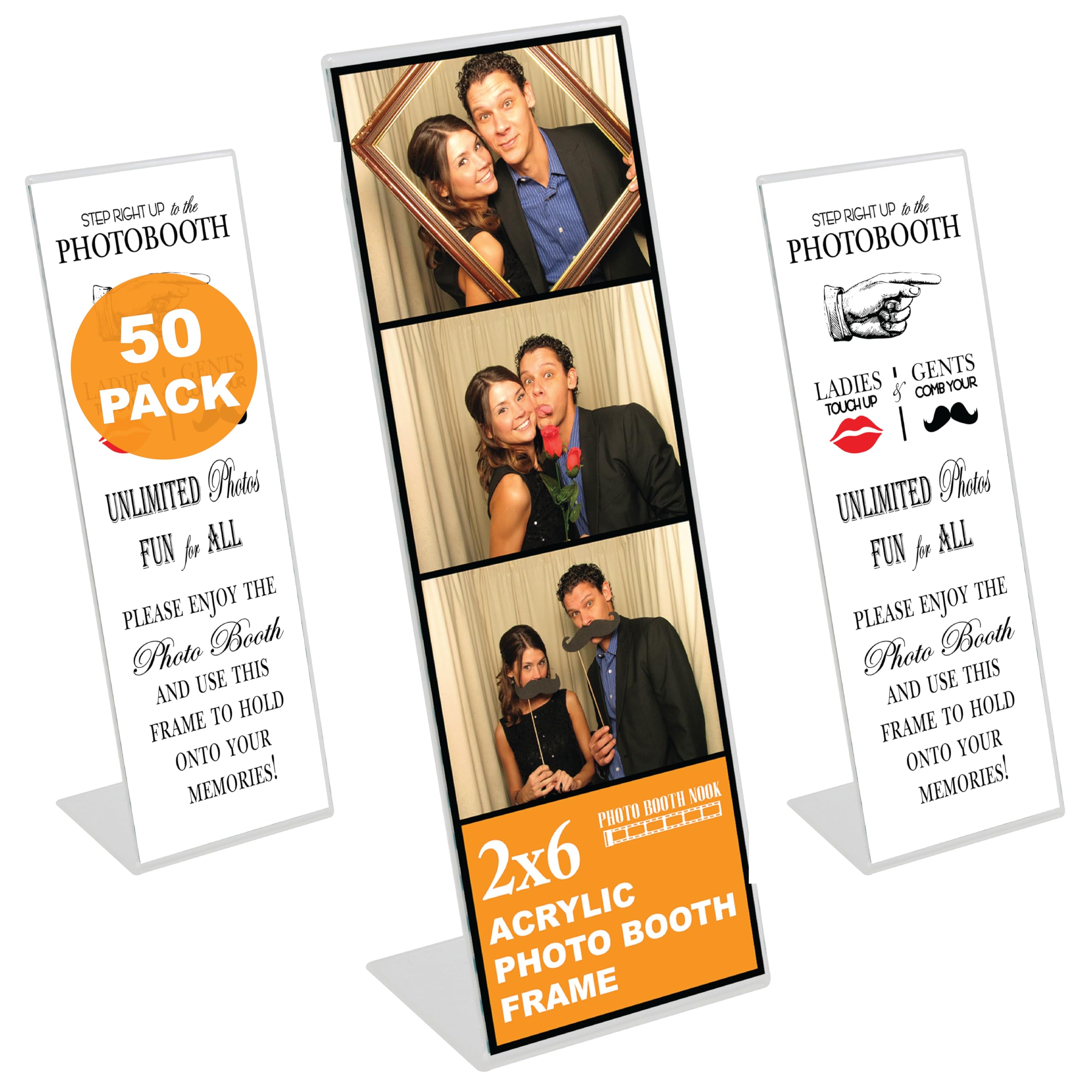 Photo Booth Nook | 2x6 Slanted Photo Booth Frames (50 Count) | Crystal Clear Acrylic Photo Booth Picture Frame with White Inserts | Bulk