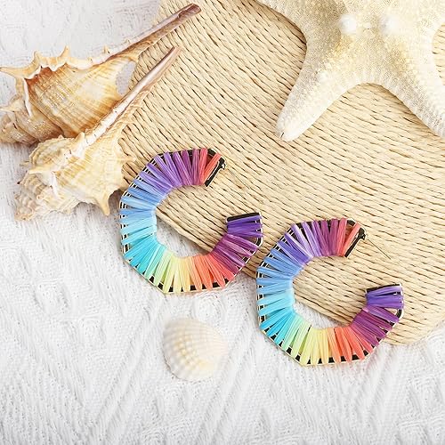 Miniatura 9 de Aretes coloridos de rafia de verano, aretes de ratán con arco iris para mujer, aretes de playa para mujer, aretes bohemios hechos a mano, aretes de