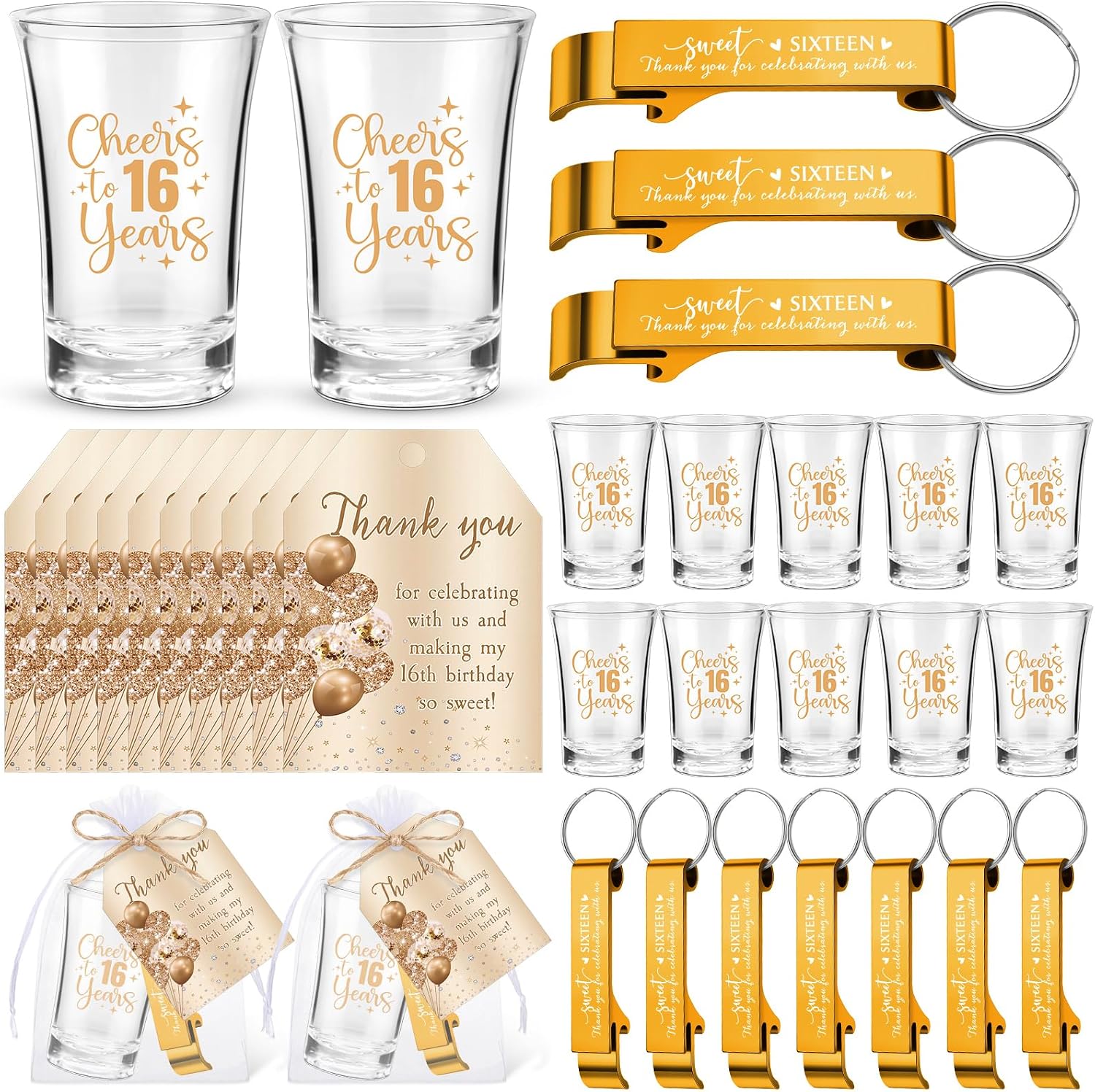 25 Sets 16 Party Favors for Guests Shot Glasses with Bottle Opener Keychains Gold Thank You Card and Bags Favors for Quinceanera Birthday 16 Years Party