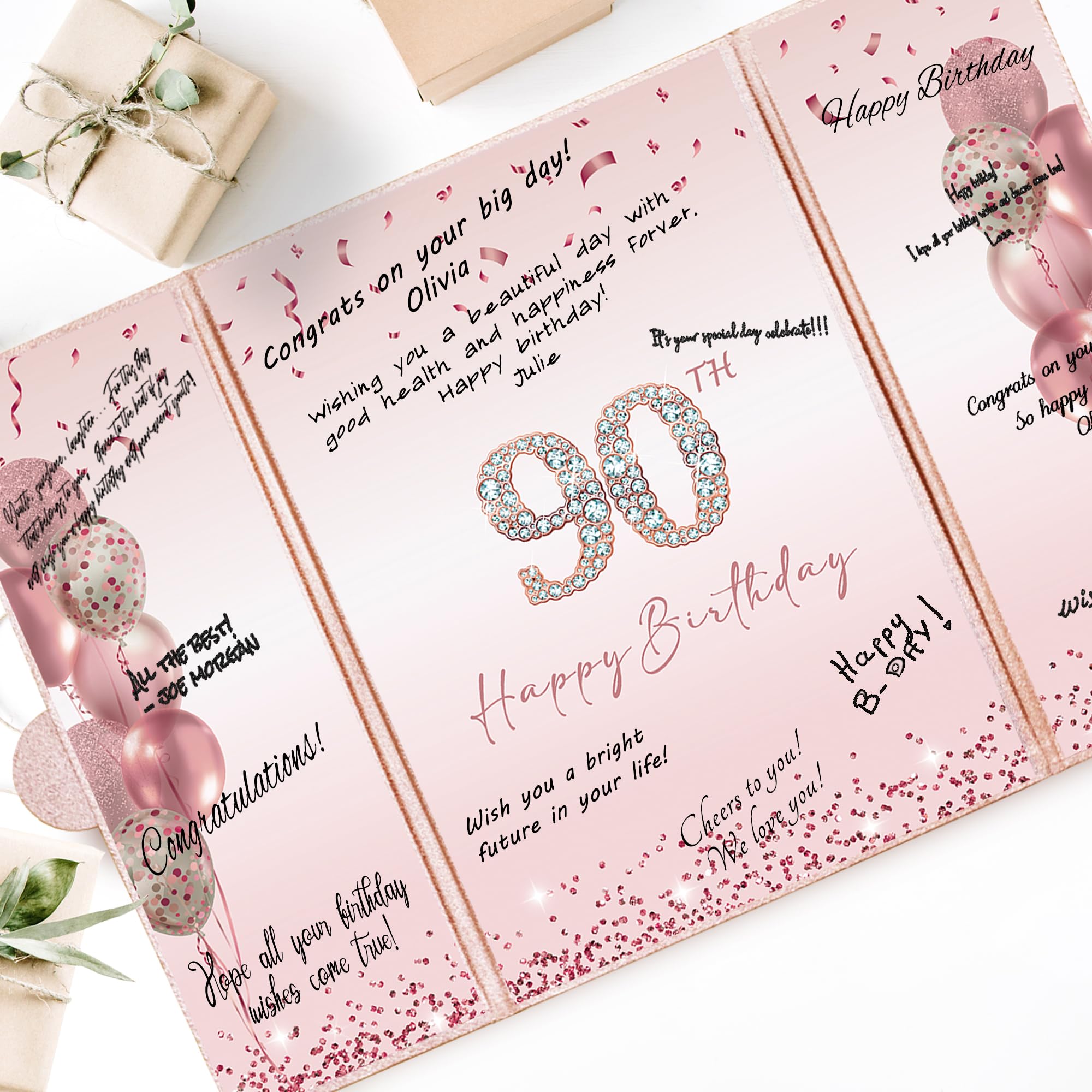 DARUNAXY Decoraciones de fiesta de cumpleaños 90 de oro rosa, libro de invitados alternativo de feliz 90 cumpleaños para mujeres, regalos de felicitación rosa a 90 años, suministros de fiesta