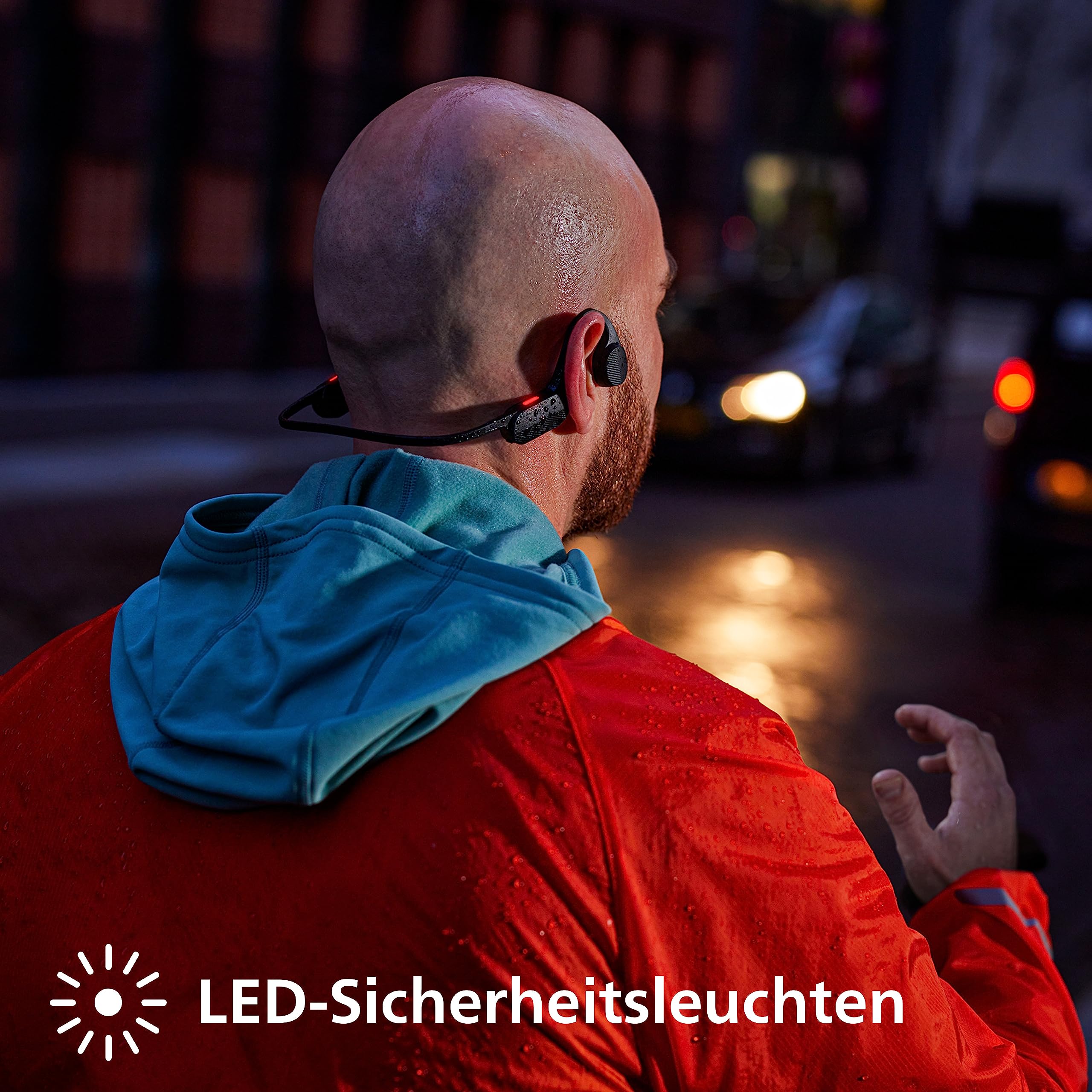 Philips TAA5608BK/00 Kabelloser Open-Ear-Sportkopfhörer|Knochenleitung|Bluetooth LE Audio & LC3|IPX5 wasserbeständig|6 Stunden Wiedergabe|LED-Sicherheitsleuchten|Mikrofon|Tasche|USB-C-Kabel|Schwarz