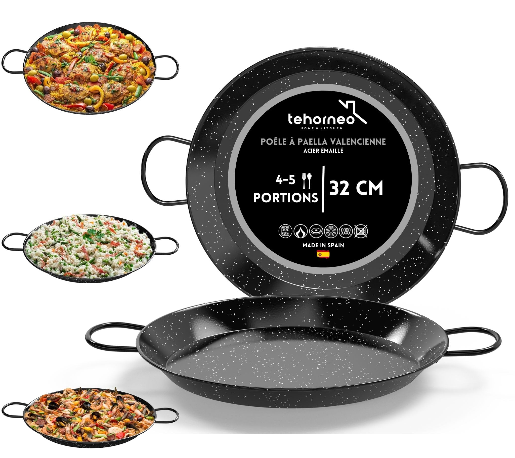 TEHORNEO Paella, Poele Paella en Acier Émaillé 32 cm 4-5 portions, Plats, Poele, Plat Induction, Compatible avec Plaques à Induction, Vitrocéramiques, Gaz