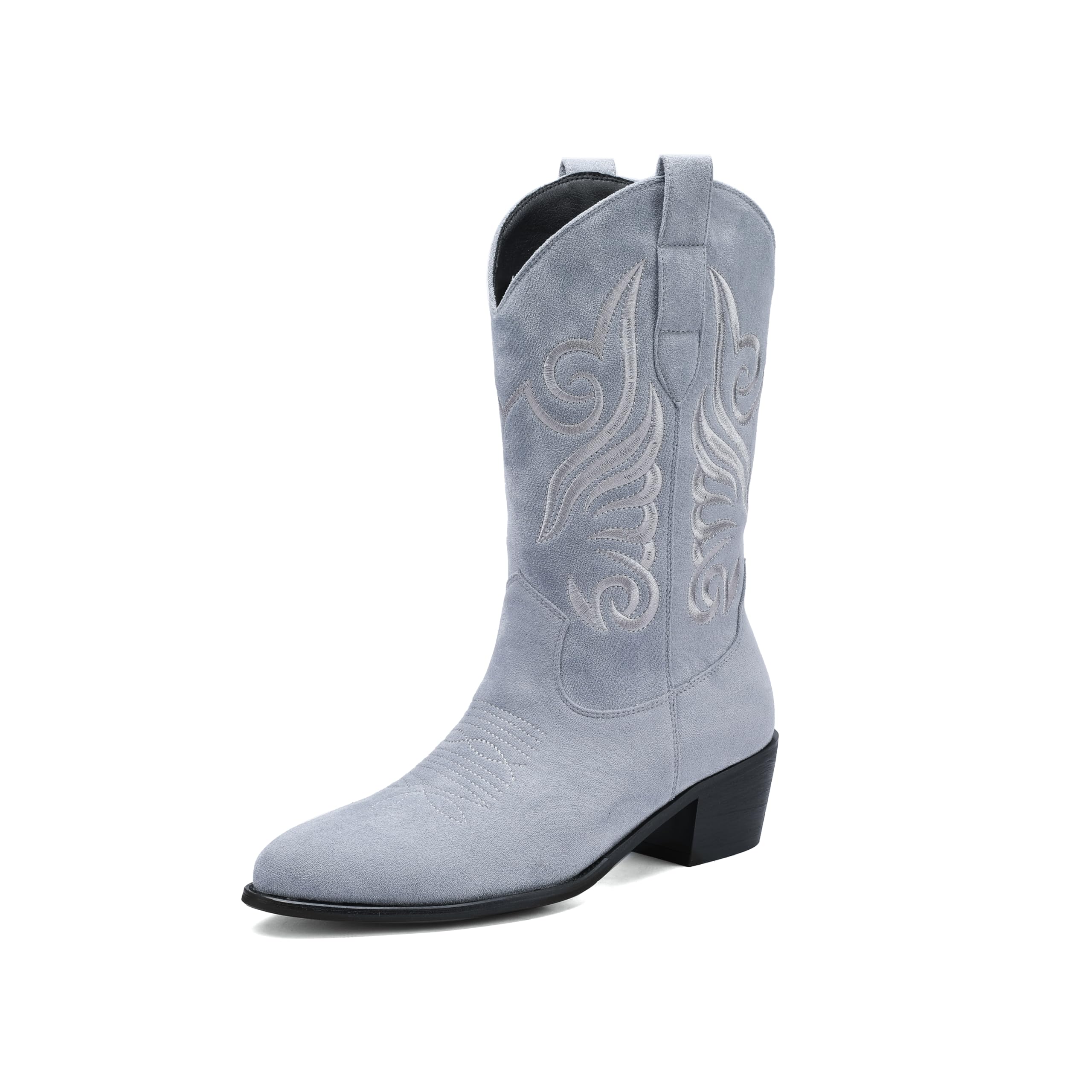 Cowboy Boots for Women Mid Calf Cowgirl Boots with Suede Embroidery Pointed Toe Chunky Low Heeled Pull On