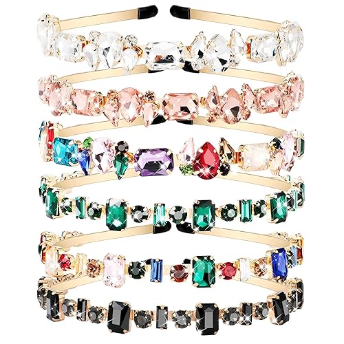 Crowye 6 estilos de diademas de diamantes de imitación para mujer, elásticas de cristal fino, diademas con joyas brillantes, coloridas y vintage,