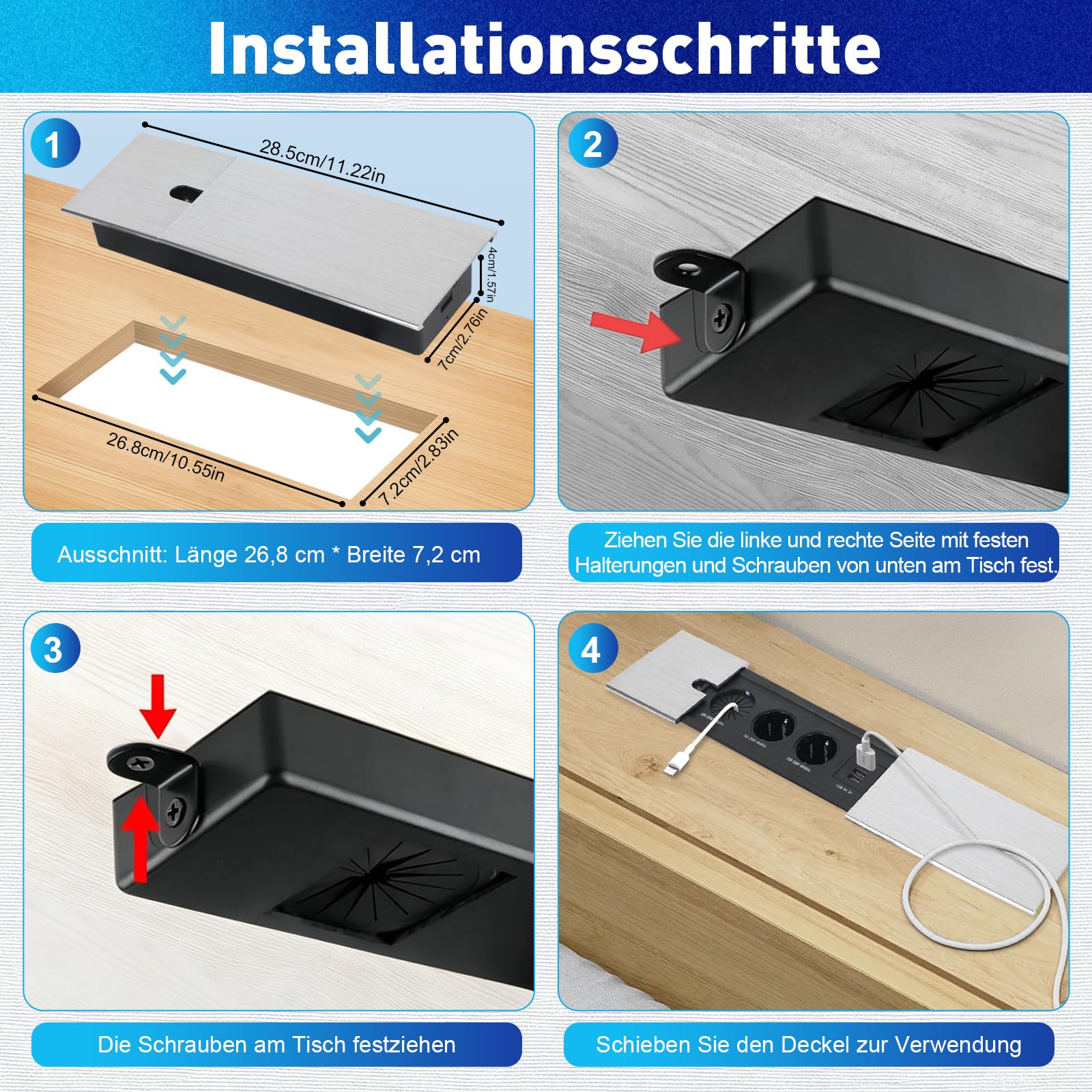 Ciabatta elettrica da incasso con coperchio scorrevole in metallo, presa a scomparsa 3 scomparti con 2 USB A e USB C, presa da tavolo a scomparsa per scrivania, cucina, ufficio (argento, 2)