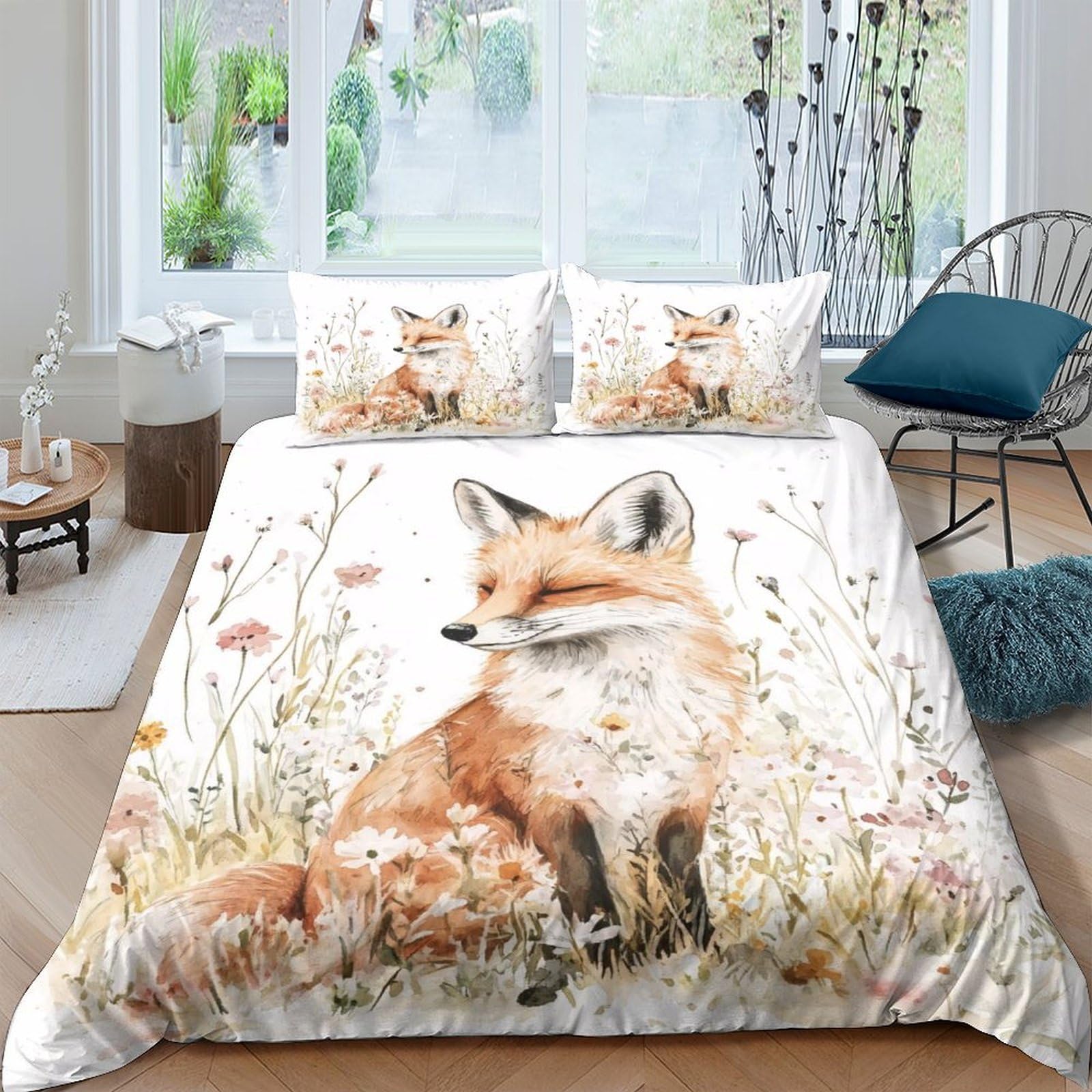 GPLZQXKJNH 3D Printed Fox Meadow Duvet Cover Microfiber Soft Breathable Woodland Animal Bedding Set with 2 Pillowcases for Bedroom Decor Single（135x200cm）