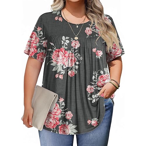 IN'VOLAND Women's Plus Size Tops Short Sleeve Scooped Neck Shirts Casual Blouses Tunic Tops
