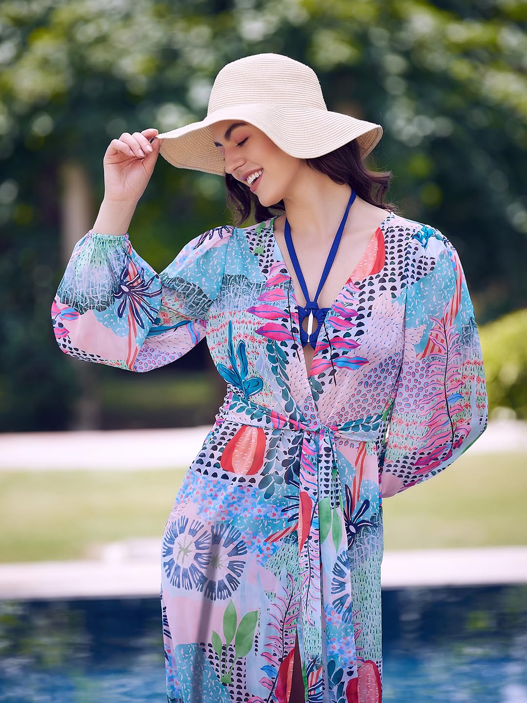 Athena Lifestyle Women and Girls Polyester Regular Long Sleeves Round Neck Printed Cover-Up Dress Green Swimwear 2
