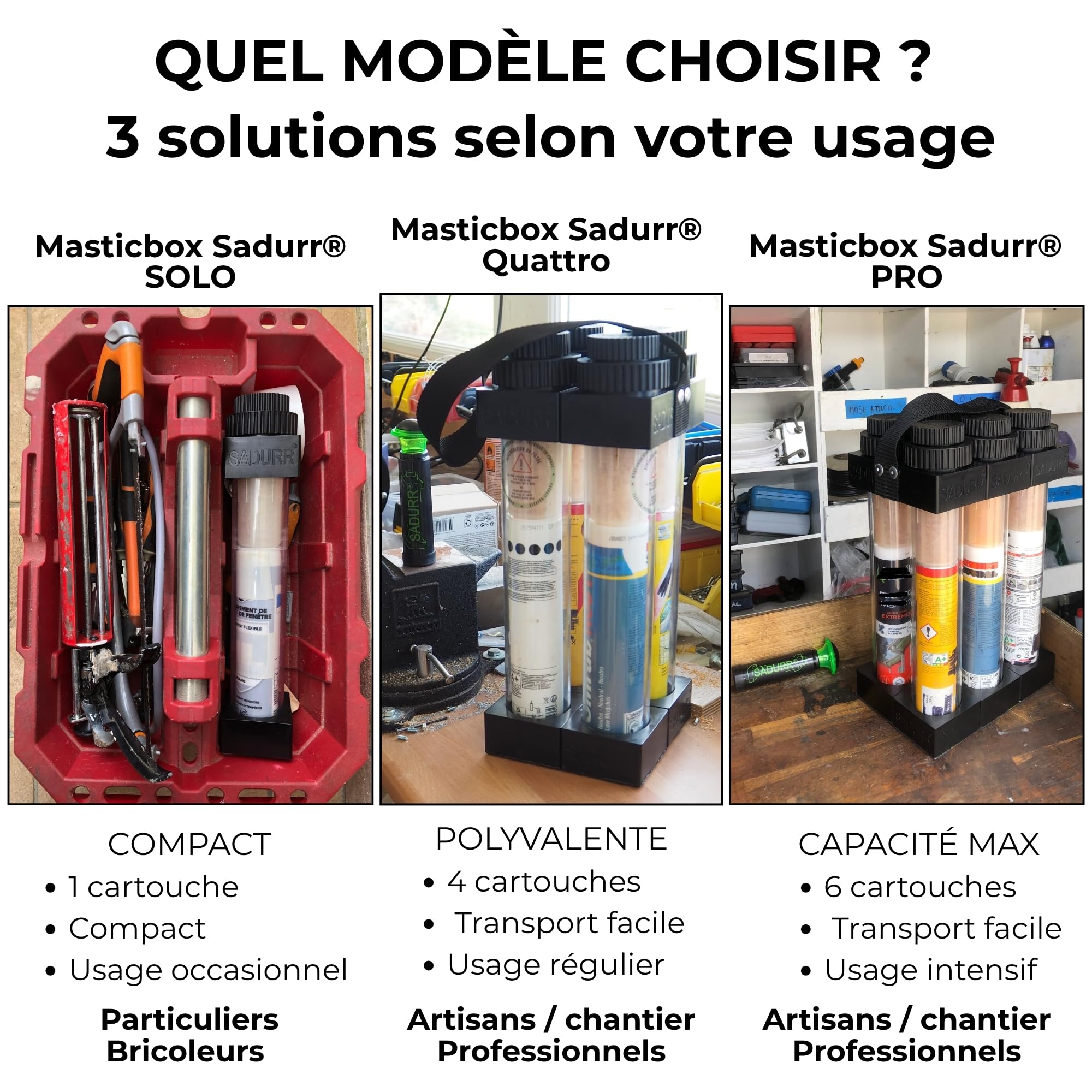 Masticbox SADURR® QUATTRO – Conservation des cartouches de silicone, mastic et colle entamées – Évite le durcissement prématuré et le gaspillage – Jusqu'à 4 cartouches | Conservation longue durée des cartouches entamées mastic - colle - silicone