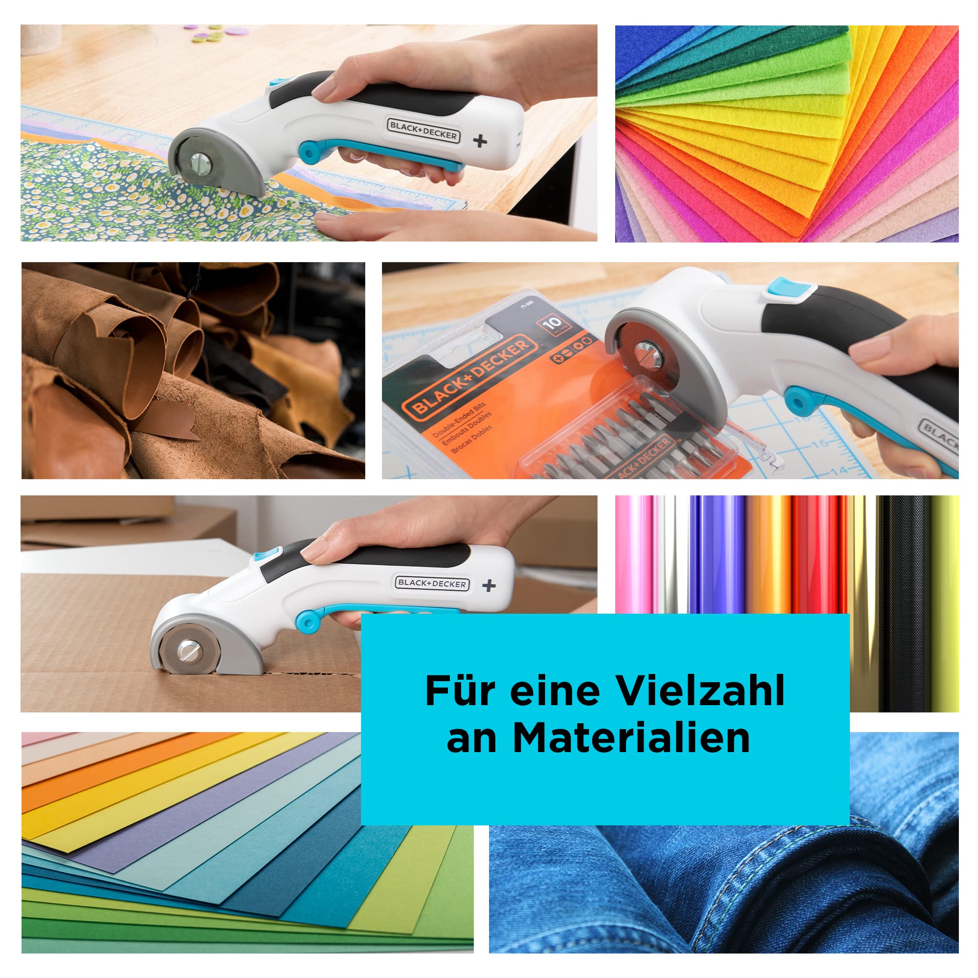 BLACK+DECKER 3.6V Universalschneider Akku (kabellos, Rotationsschneider für präzise Schnitte in Stoff, Papier, Pappe, Kunststoff, mit selbstschärfender Klinge, inklusive USB-C Ladekabel) Weiß/Blau