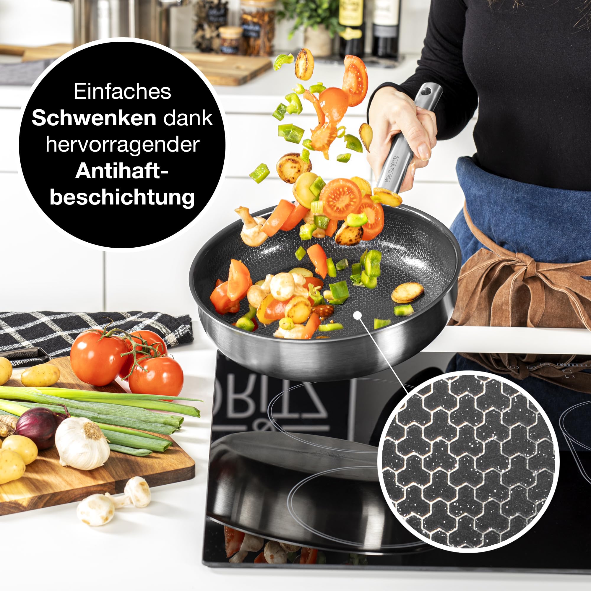 Moritz & Moritz Antihaft Pfanne 28 cm Induktion - Bratpfanne 28cm mit Keramikbeschichtung & Wabenstruktur - Edelstahlpfanne mit hohem Rand - Ideal für alle Herdarten & zum Kochen, Braten, Schmoren