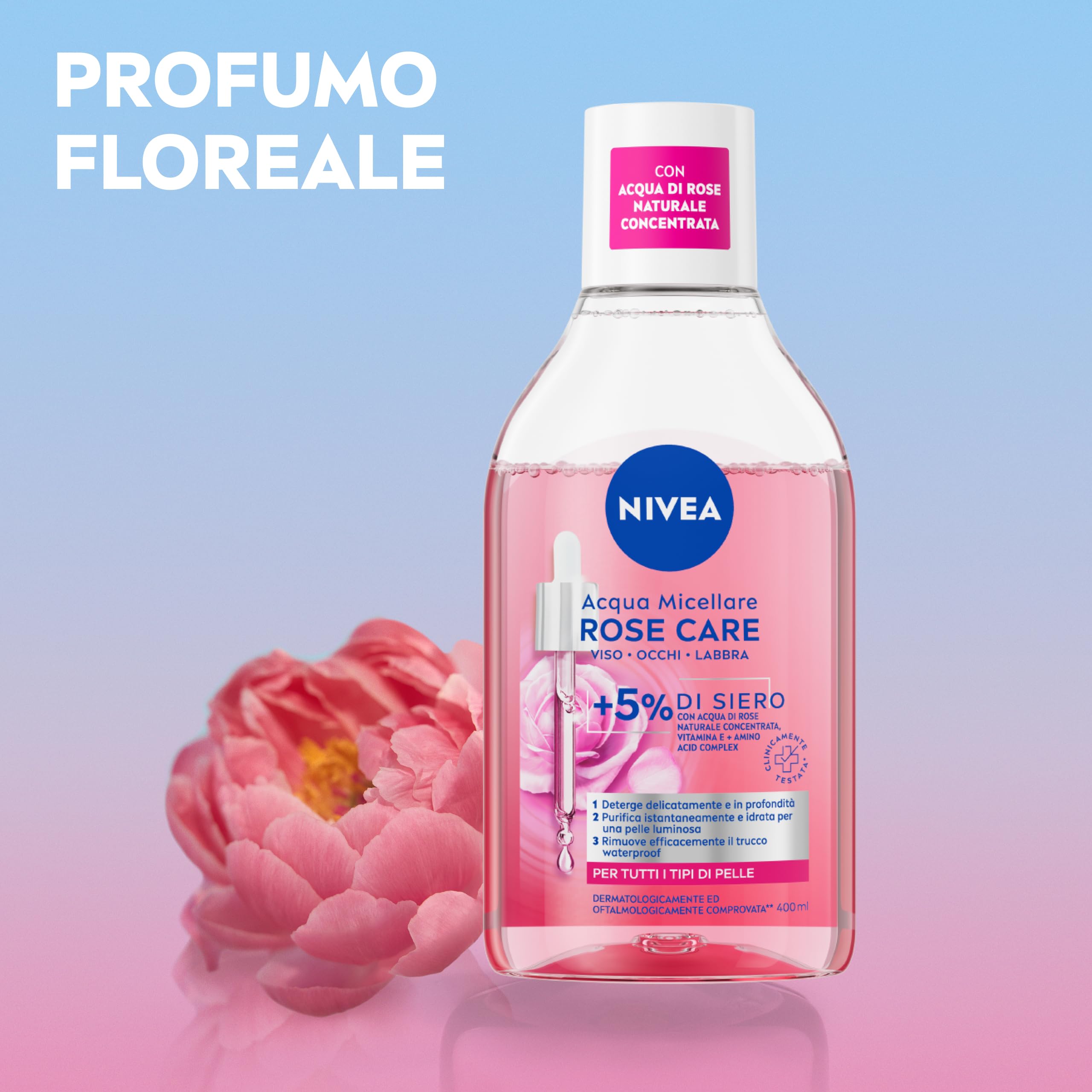 NIVEA Acqua Micellare Rose Care 400 ml, Struccante viso e occhi bifasico per trucco waterproof, Detergente viso, occhi e labbra con 5% siero con Acqua di Rose e Vitamina E, Tutti i tipi di pelle
