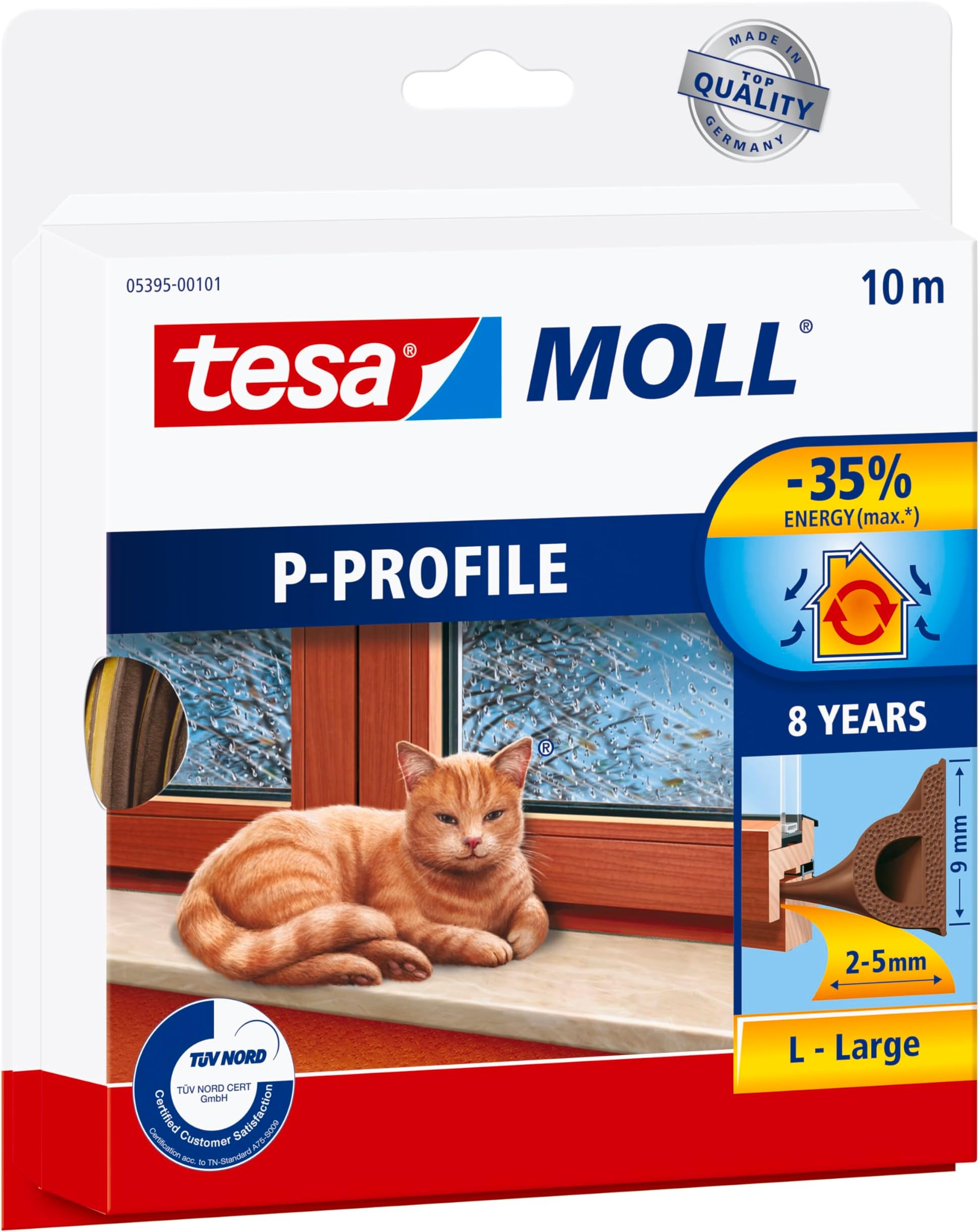 tesamoll P-Profile Seal - Self Adhesive Rubber Draught Excluder for Insulating Gaps in Windows and Doors - Brown - 10 m x 9 mm