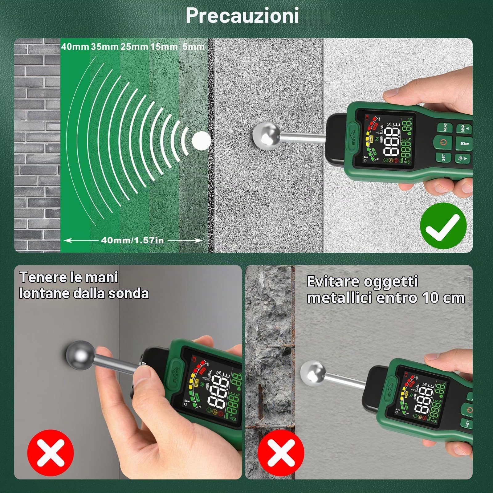 Misuratore Umidità, Igrometro SQECH con Termometro, Torcia | Misuratore di Umidità Multifunzionale con LCD a colori, Allarme, per Muri, Legno, Camper