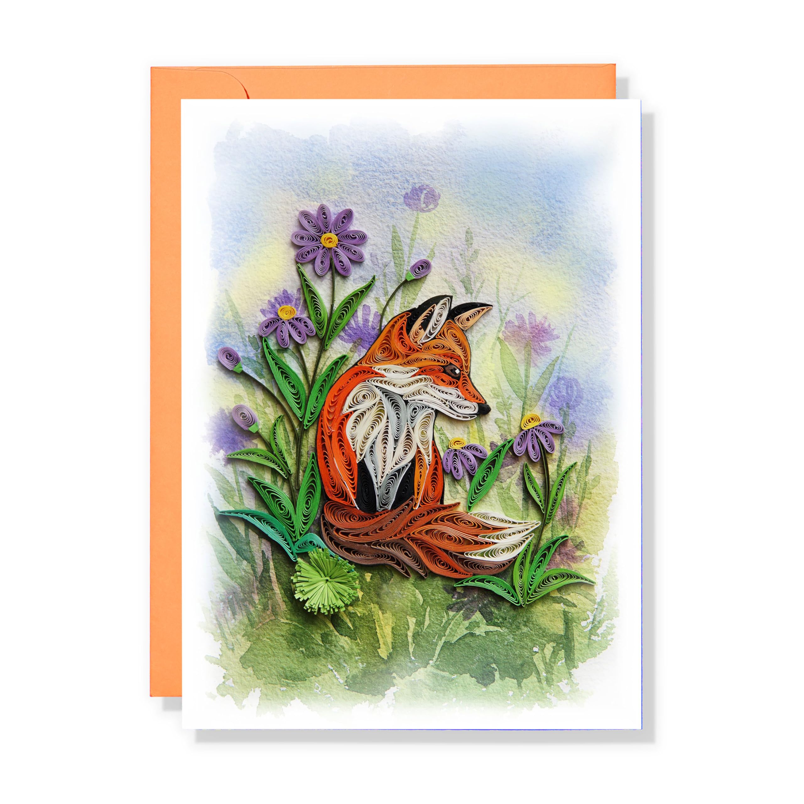 QUILLCRAFT Aster and Fox Greeting Card, Animal Quilled Quilling Birth Month Flower Born in September, Birthday, Mothers Day Card for Mom Grandma