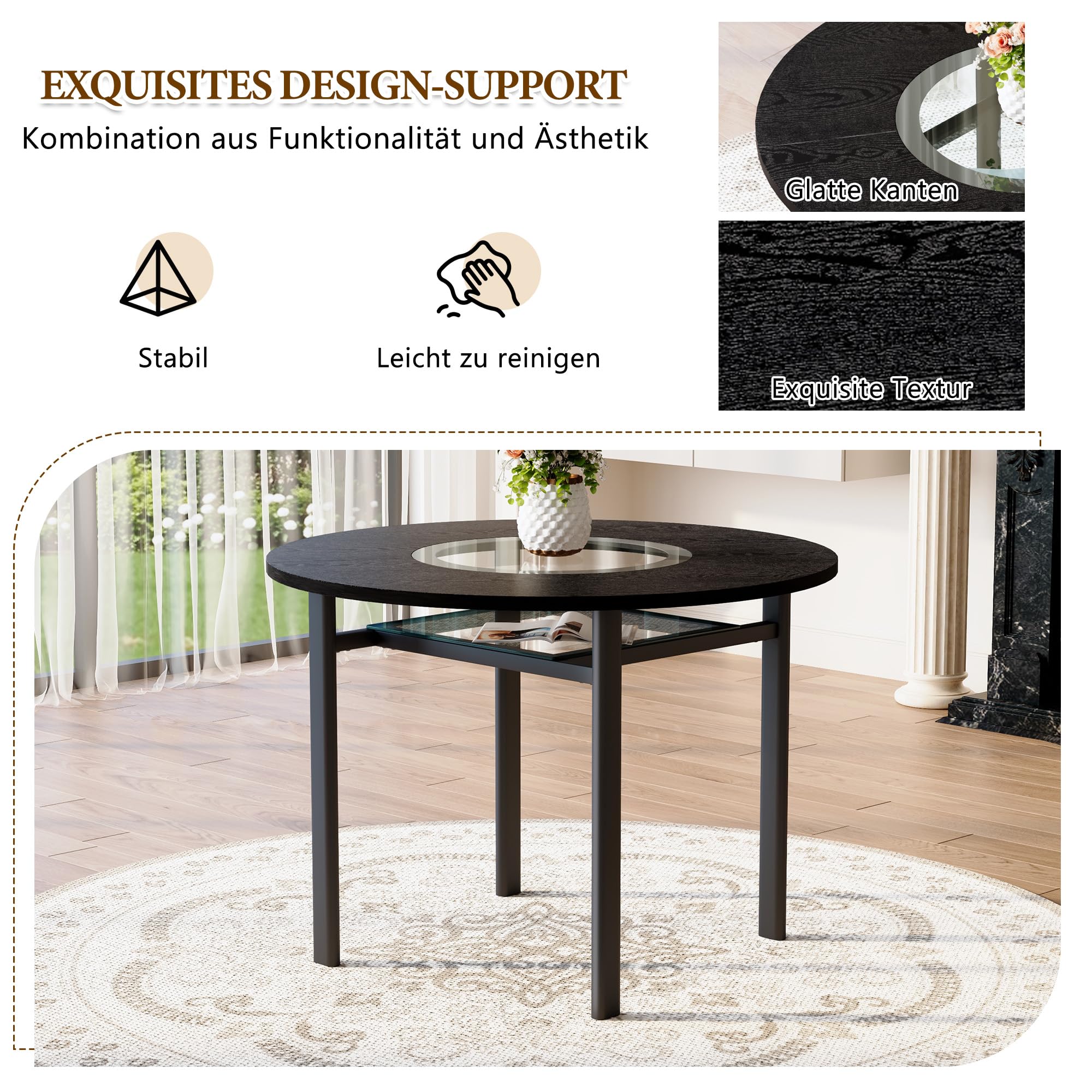Mesa de Comedor Redonda de MDF y Cristal, Salón y Cocina, Negro, 100 cm
