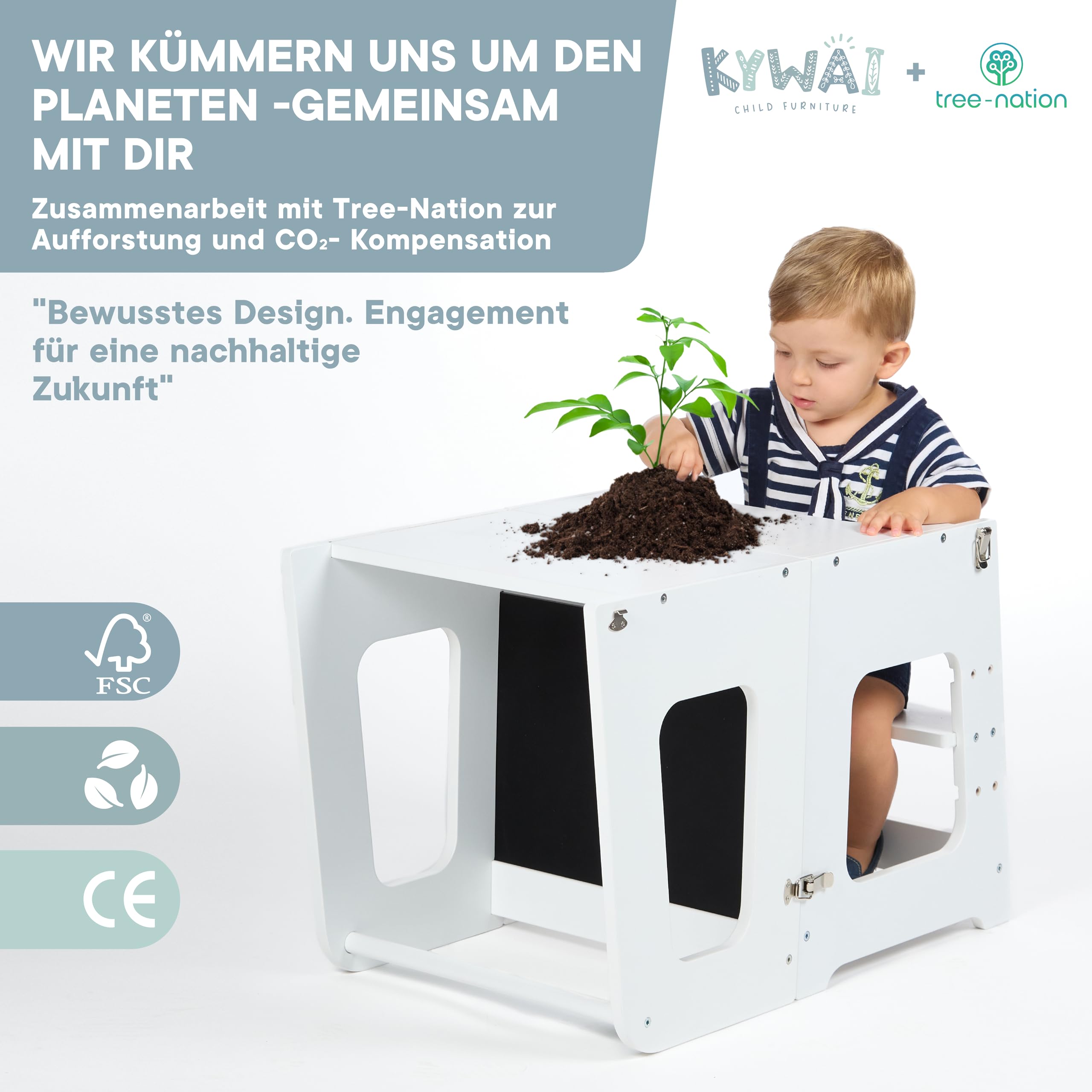 Montessori Lernturm ab 1 Jahr Klappbar Groß– 2-in-1 Premium Learning Tower & Tisch – Lernturm klappbar, Nachhaltiges Unternehmen, höhenverstellbare Stufe, Innovatives (weiß)