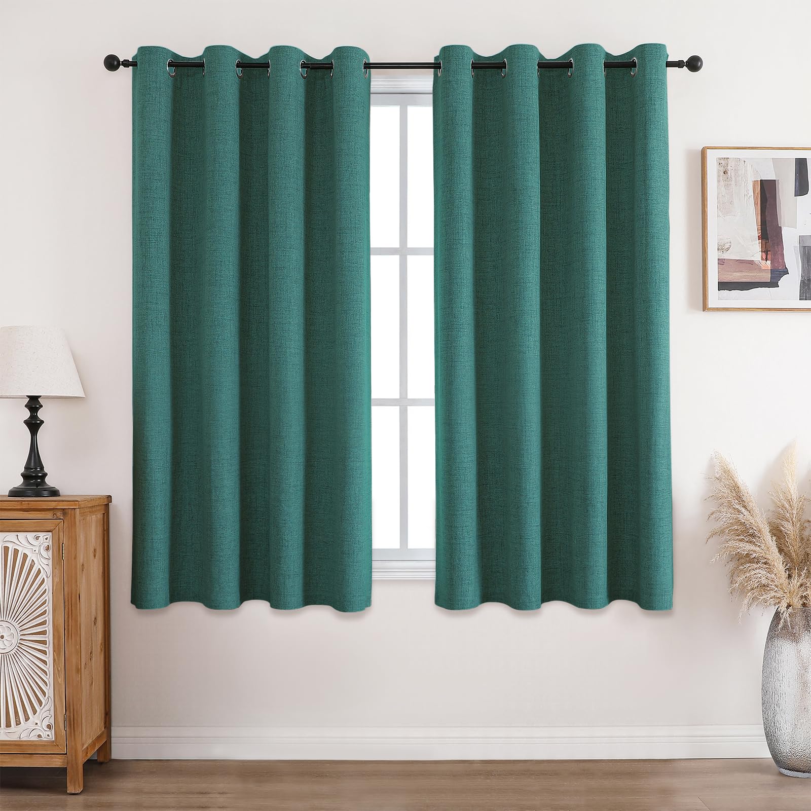 CUCRAF 100% Blackout Curtains Dark Green 54 Inch Drop 2 Panels Soft Texture Energy Saving Sun Blocking Thermal Eyelet Curtains for Bedroom Living Room 52 X 54 Inch