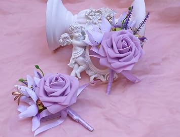 CherishedMoments Purple Boutonniere for Men Wedding Set of 2, Groom and Best Man Boutonniere Artificial Flowers, Romantic and Elegant Wedding Decor