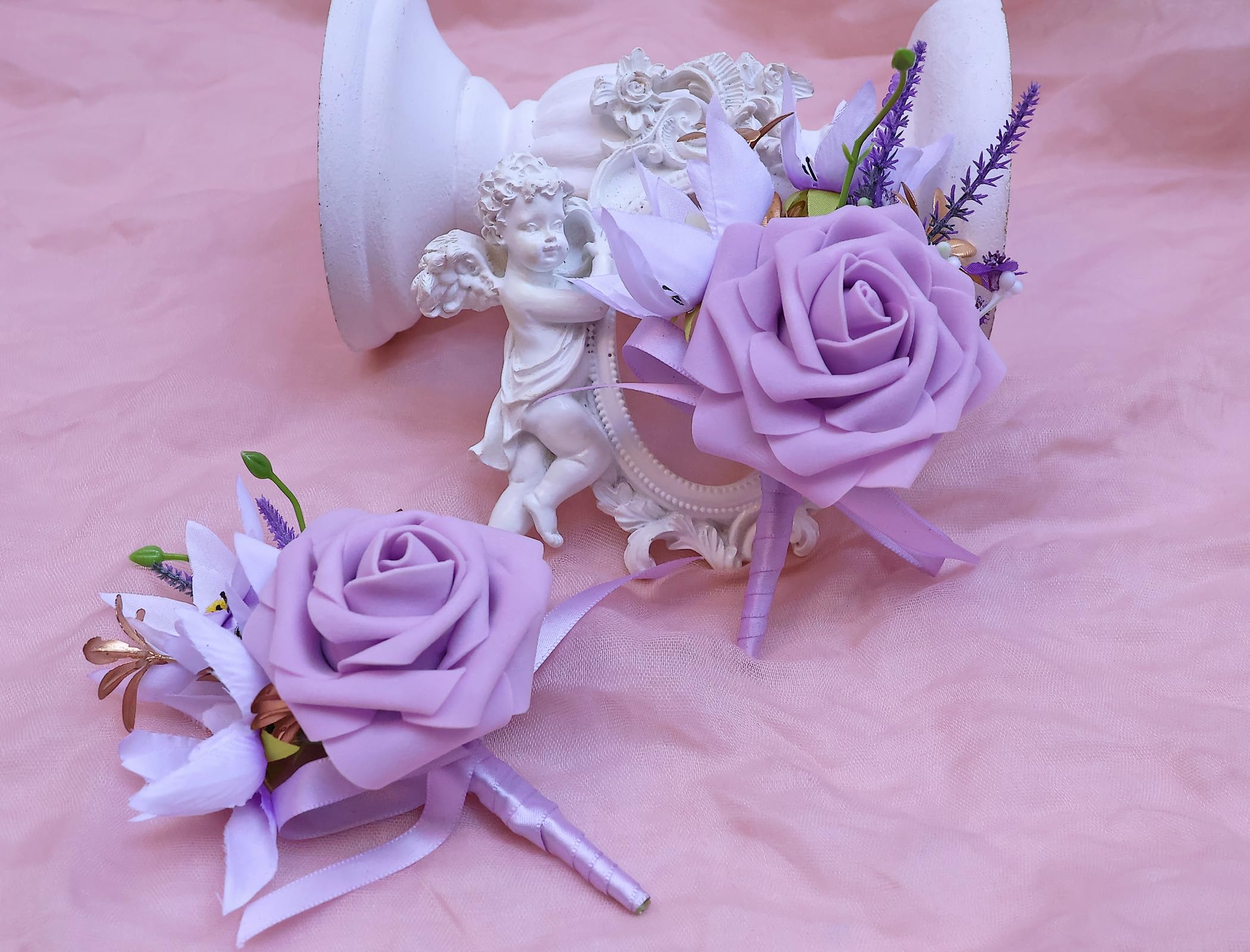 Purple Boutonniere Set Of 2 For Groom & Best Man - Artificial Flower Wedding Corsage With Brooches - View #5