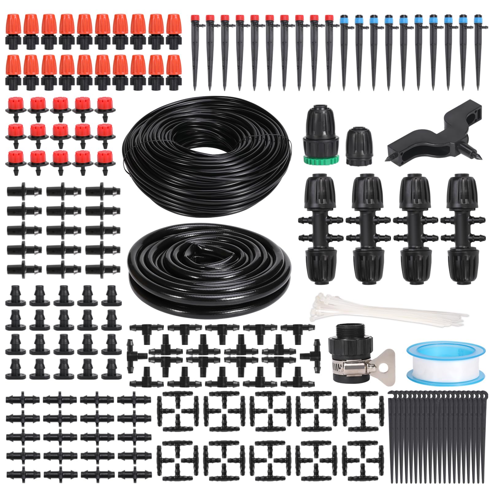 YAKHAN 60M 1/4 Inch + 9M 1/2 Inch 230FT Drip Irrigation System Kit, 221 PCS Automatic Garden Watering DIY System, Garden Automatic Irrigation Equipment for Lawn, Greenhouse, Flower Beds, Pot Plants